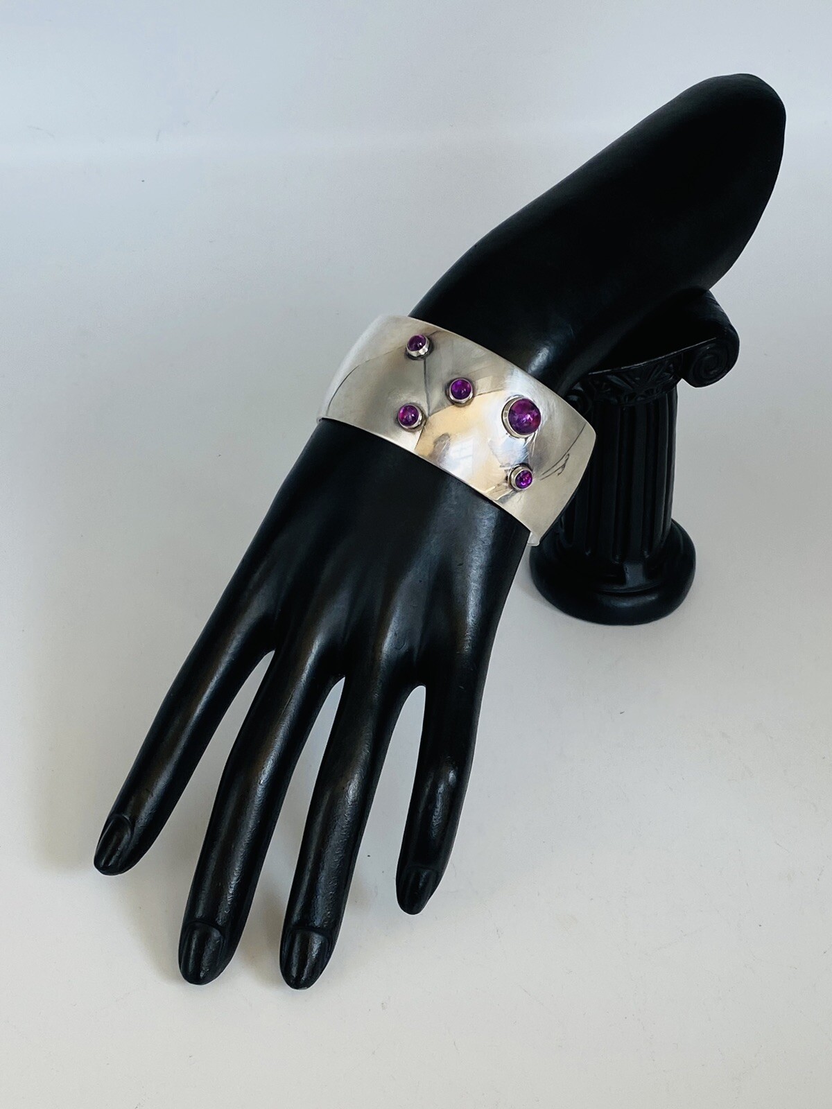 Heavy Vintage N E FROM Denmark Sterling Silver Amethyst Modernist Cuff Bracelet