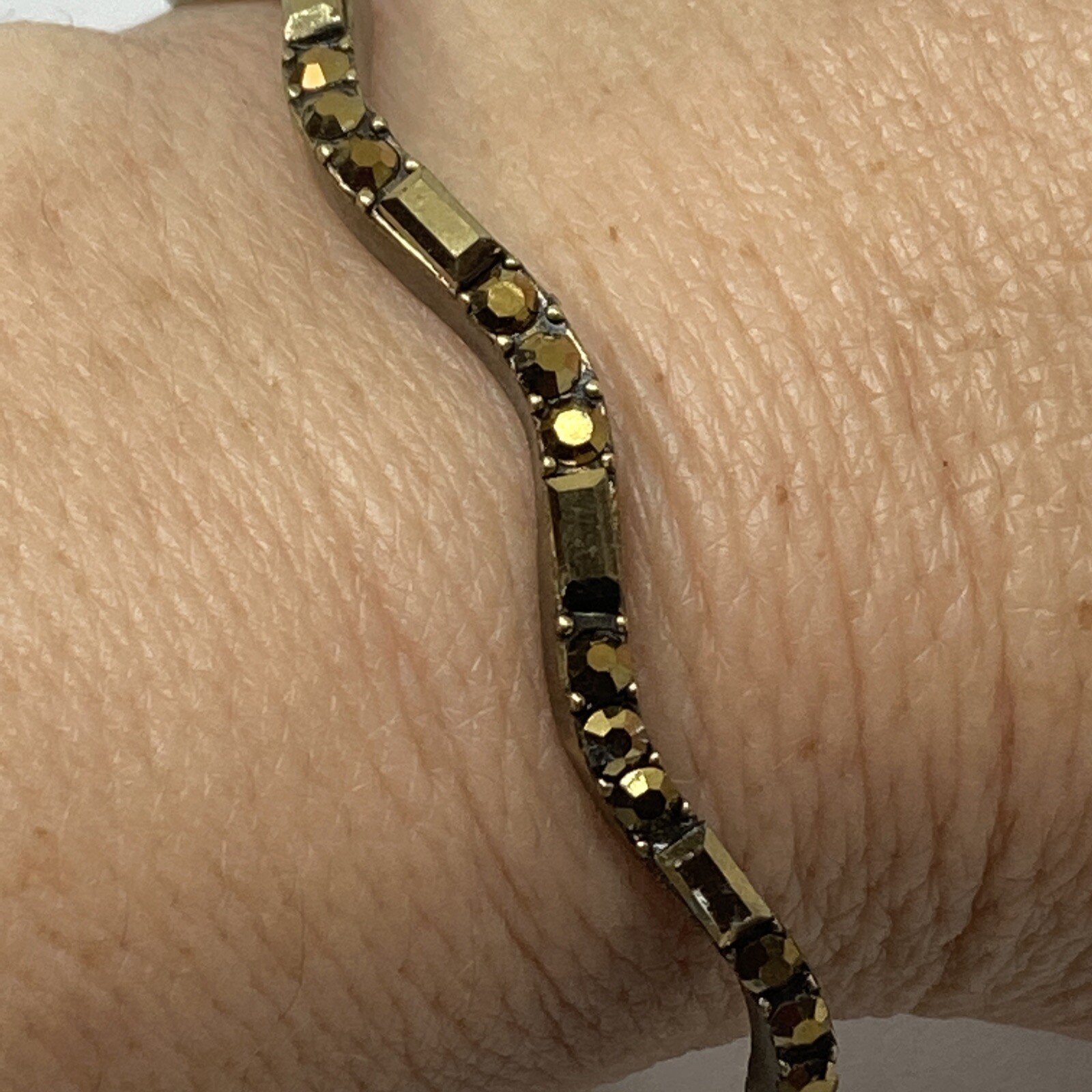Solid Brass Wavy Bengal Bangle Bracelet w Round and Emerald Cut stones fits 8″