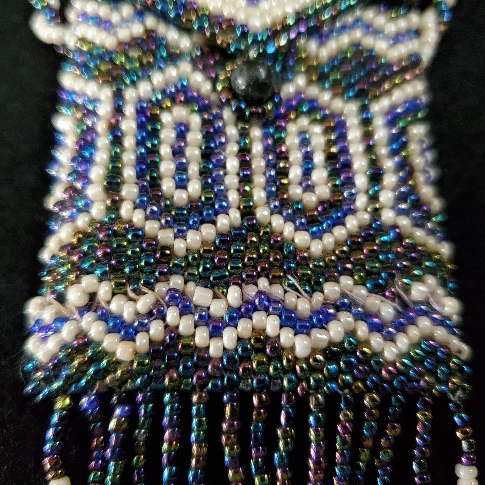 Vintage Mini Purse Necklace Seed Beaded Coin Pouch Artisan Oil Slick 24″ READ