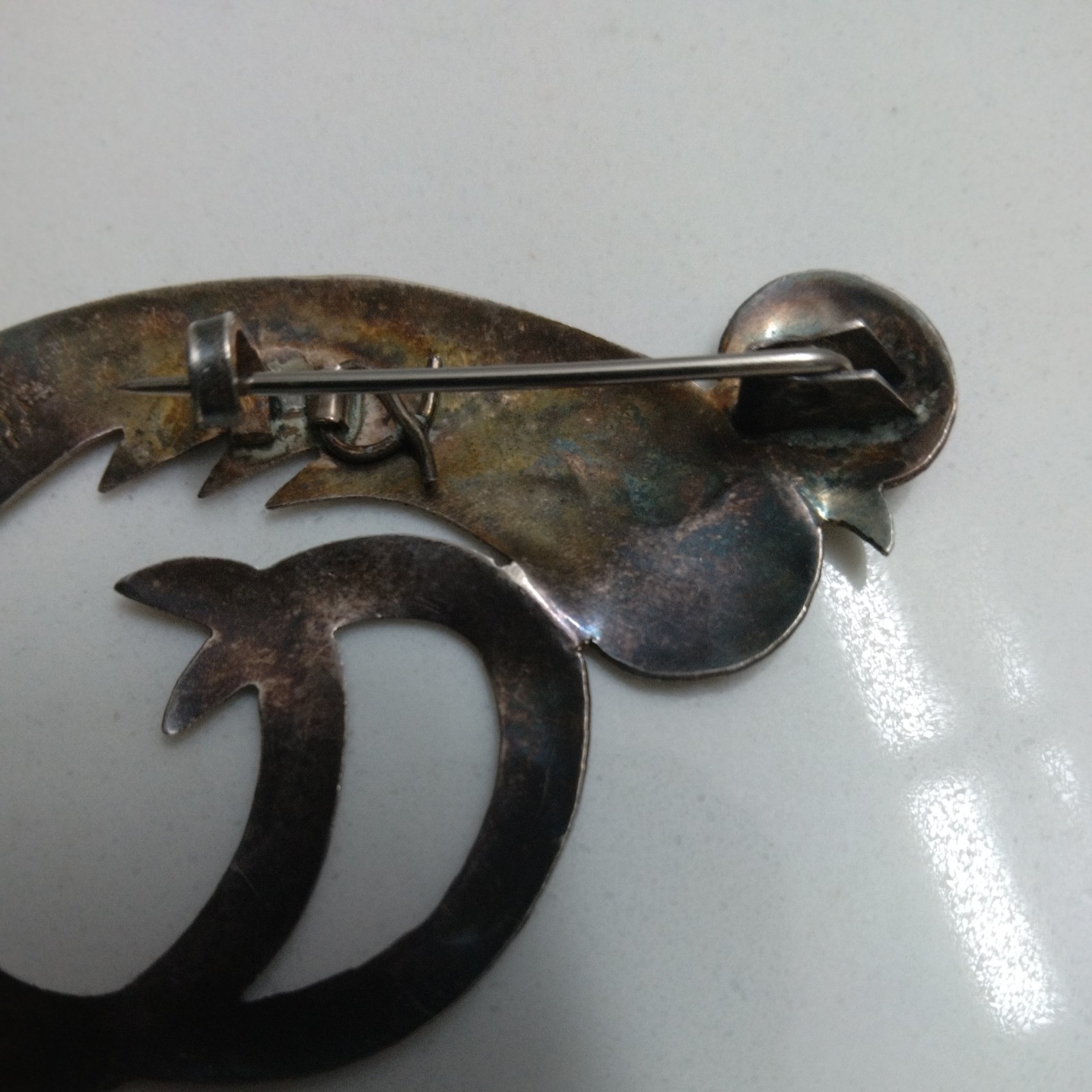 Vintage 800 Silver Aztec Guatemala Quetzal Coatl Etched Pheasant Bird Pin Brooch