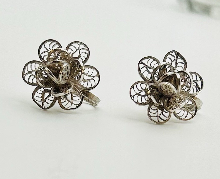 Antique 800 Silver MEXICO Cannetille Filigree Flower Screw-Back Earrings Signed