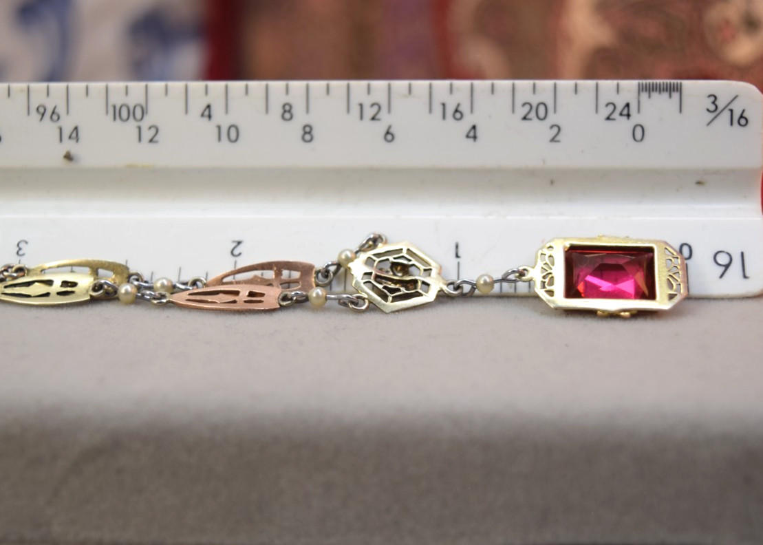 Antique Deco 10K Rose White Yellow Gold Red Ruby Glass necklace 17″