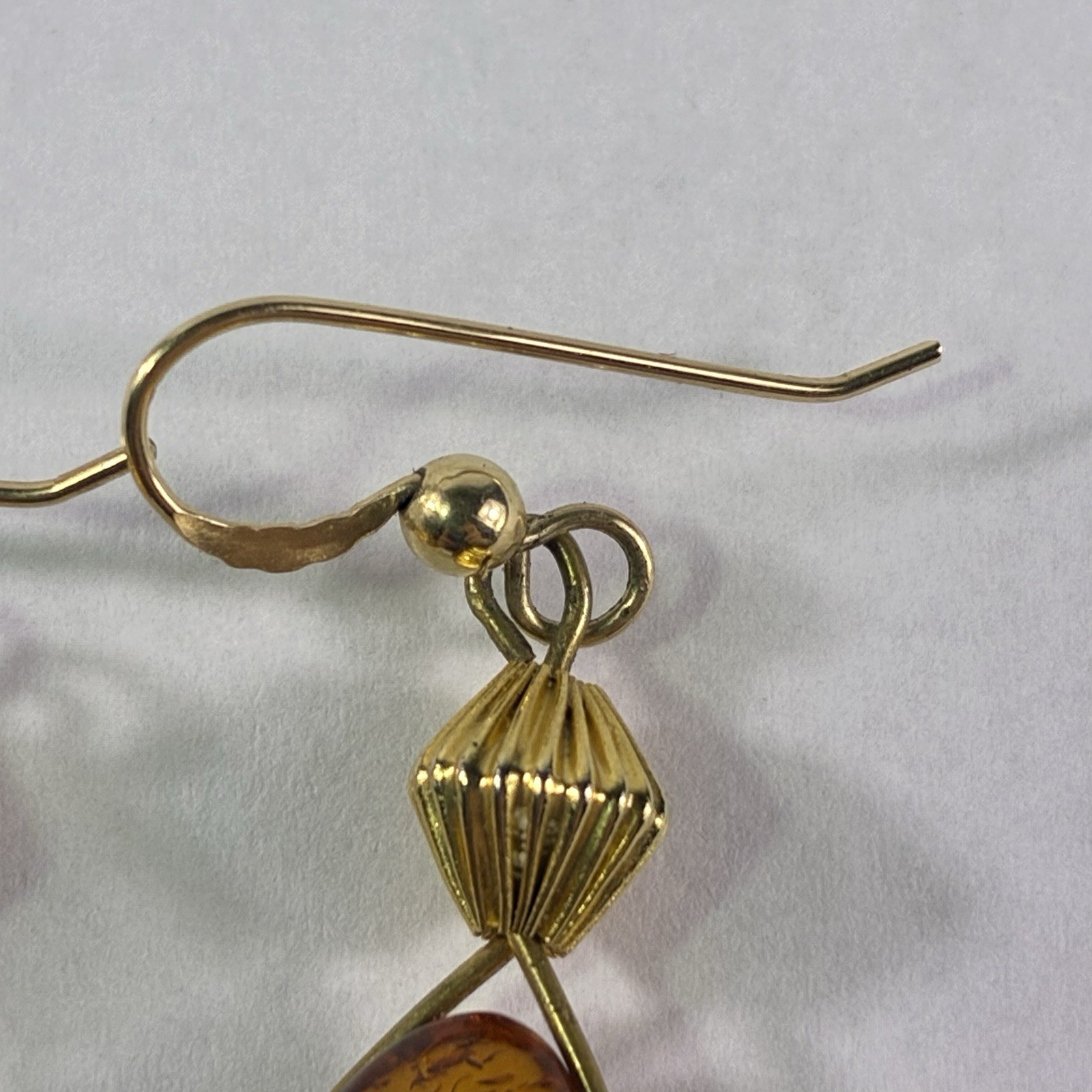 14K Gold Genuine Baltic Honey Amber Yellow Dangle Drop Earrings Art Deco