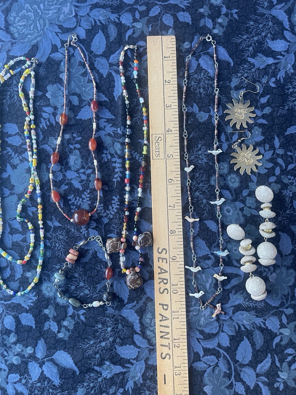 Vintage Bohemian Jewelry Lot Fetish Carved Bird Necklace Beads Sun Turtles