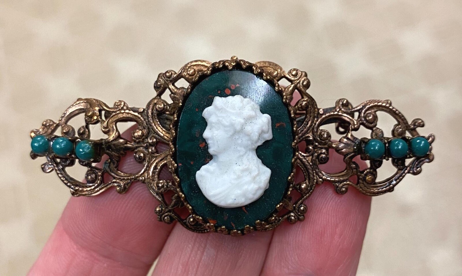 Vintage Bloodstone Green Beads White Cameo Filigree Copper T. Pin Brooch EXC!