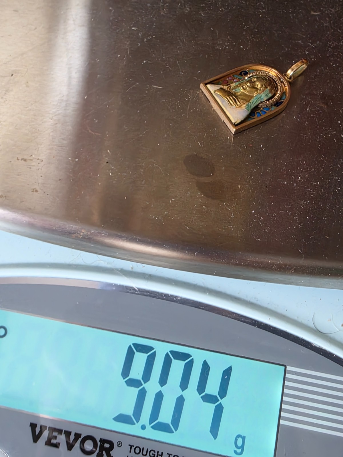 Rare 1930s Art Deco Virgin Mary Pendant 18K Gold & Plique-à-Jour Enamel