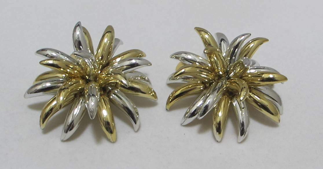 Huge 2-3/8” Diameter 1-1/5” Tall 2-Tone Gold Silver Tone Fireworks Clip Earrings