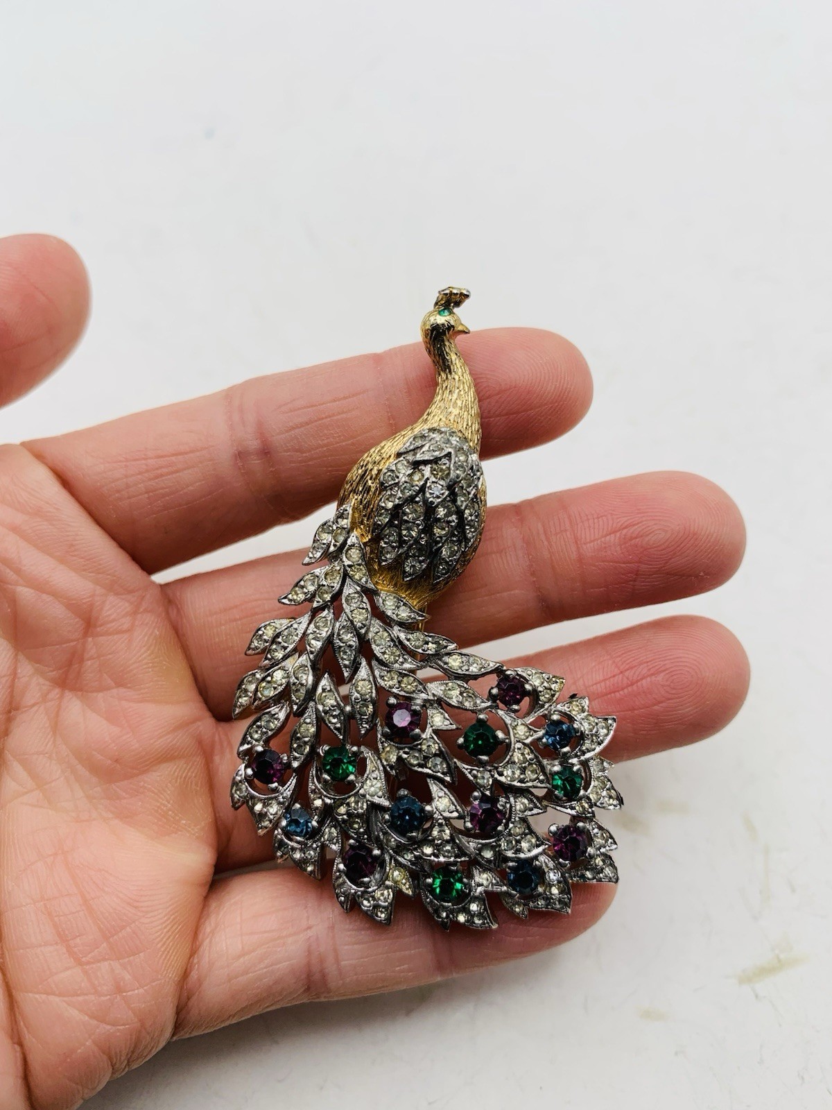 Vintage Signed Panetta Peacock Bird Crystal Gold Tone Blue Purple Green Brooch