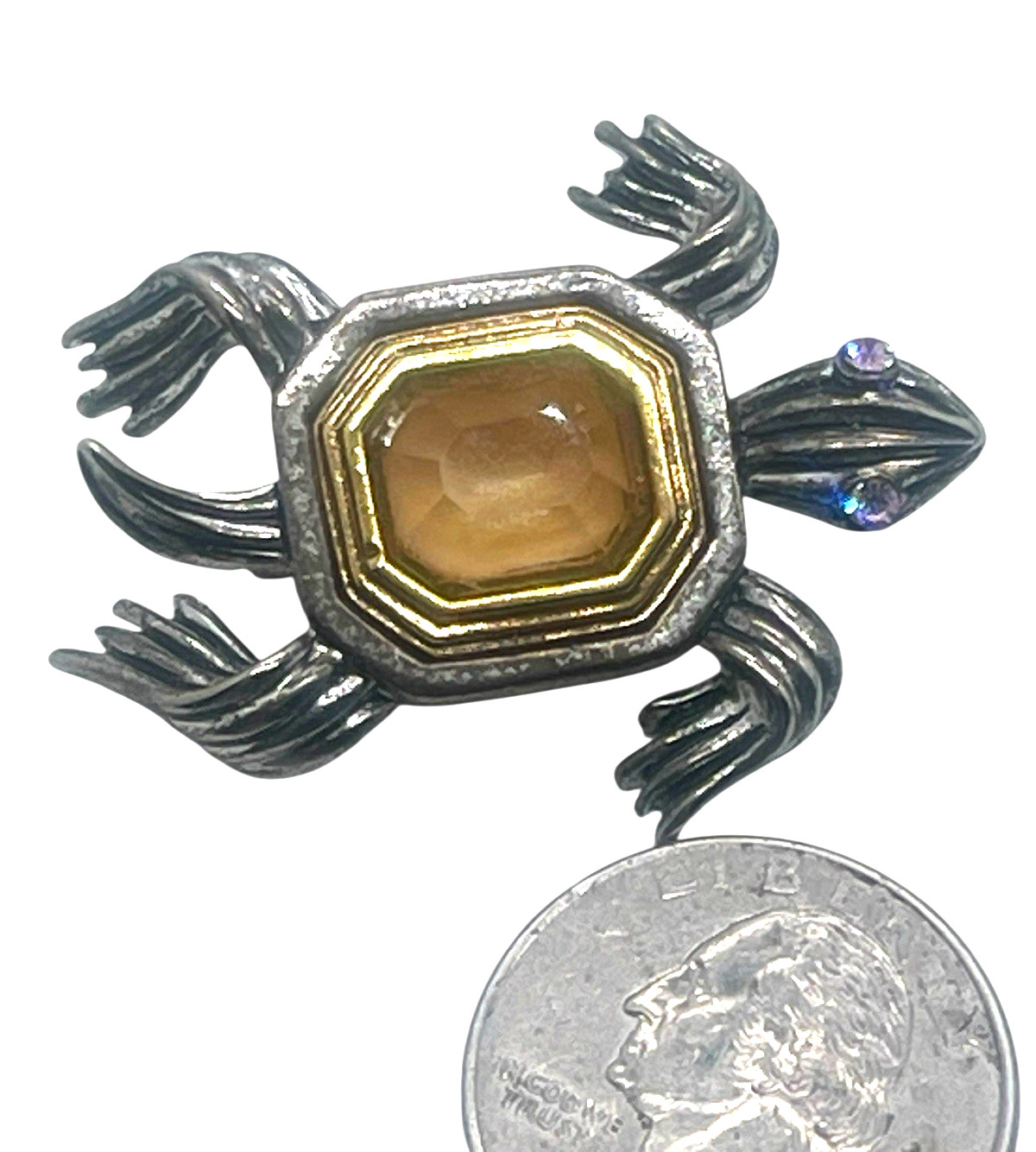 Vintage Oscar De La Renta Figural Sea Turtle Brooch, Champagne Stone in Shell