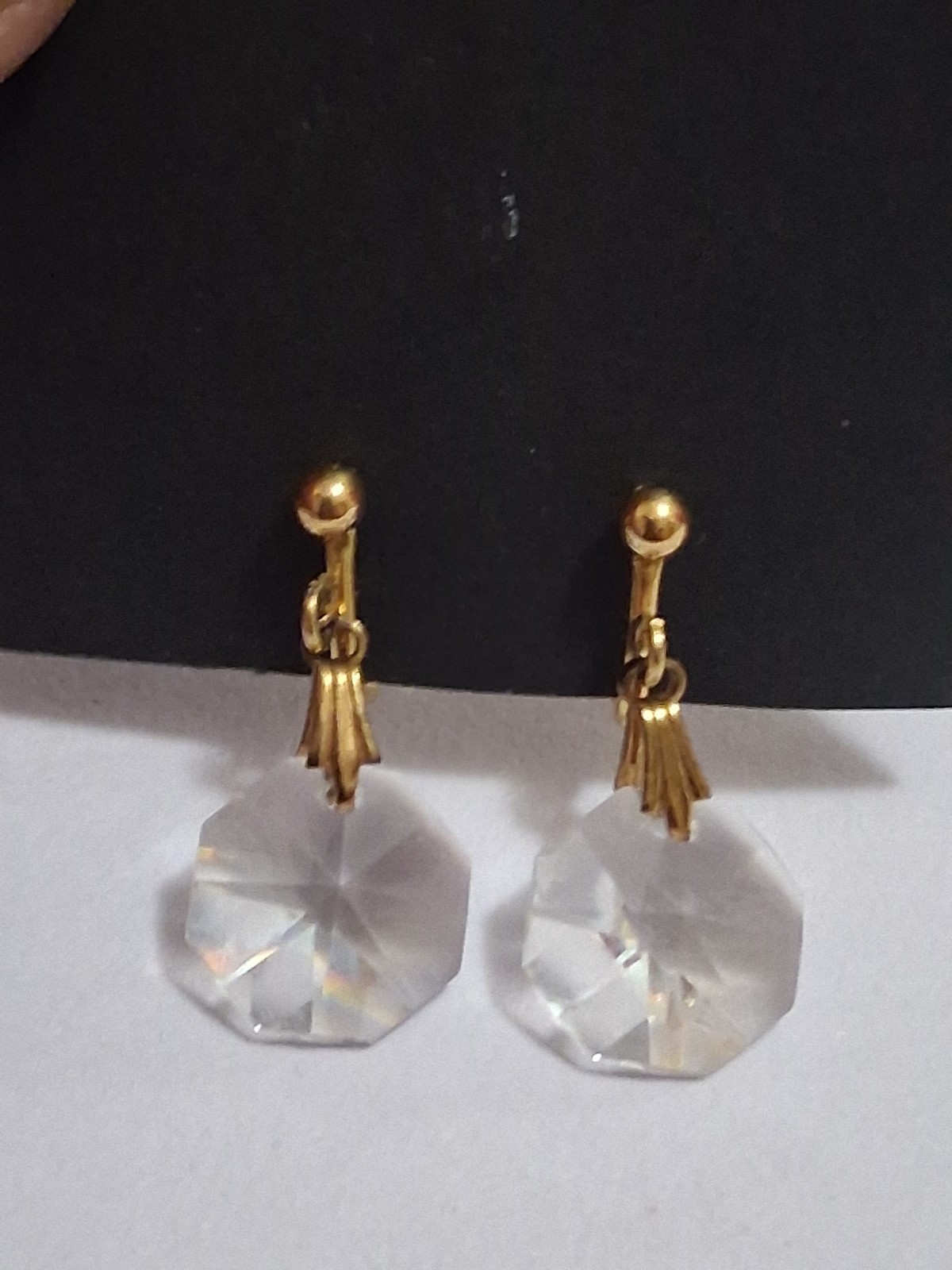 Gold filled faceted crystal dangle drop adjustable clip on earrings, geometric