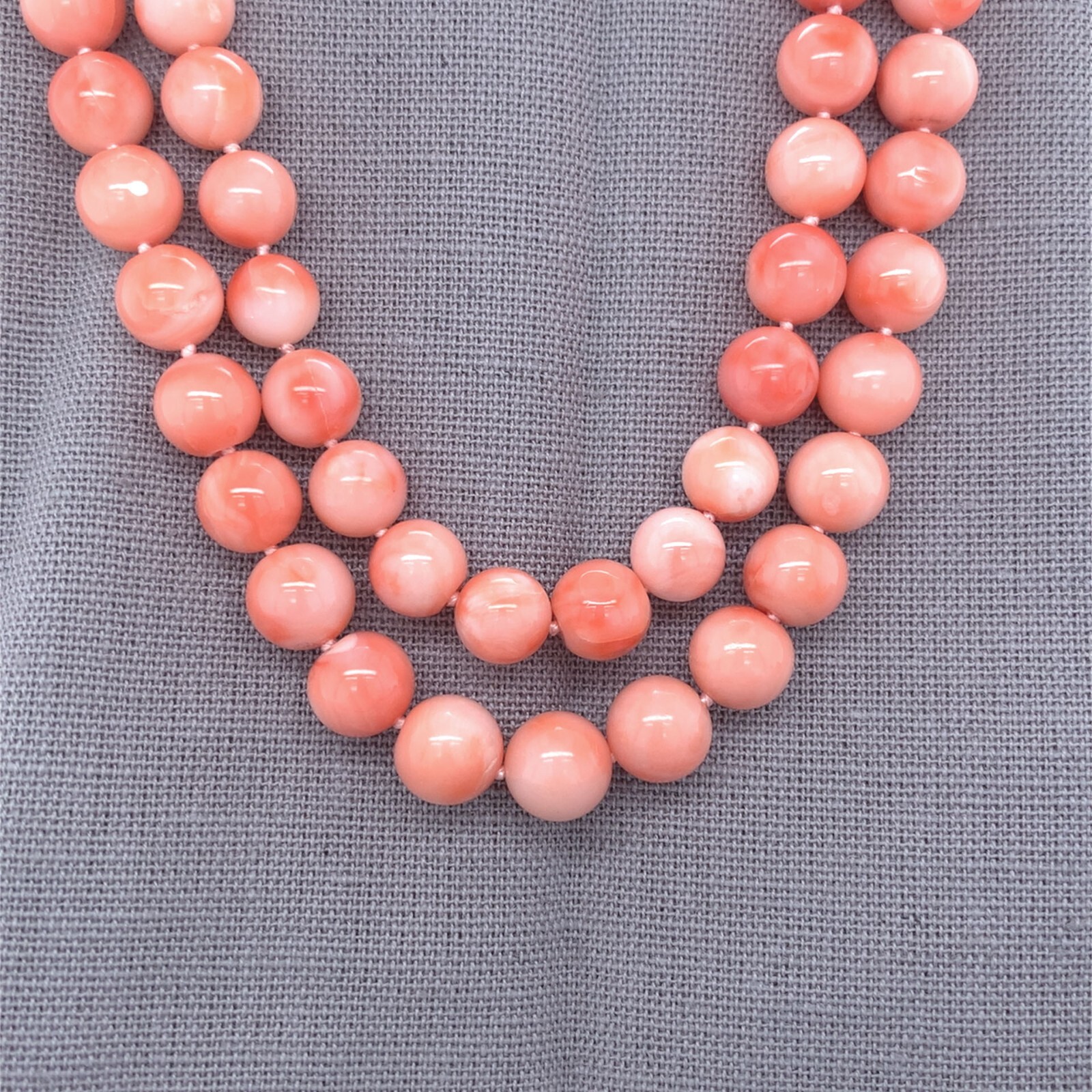 Genuine Coral Bead Double Strand Necklace 7-8mm Beads w/ 14k Gold Clasp (#J6980)