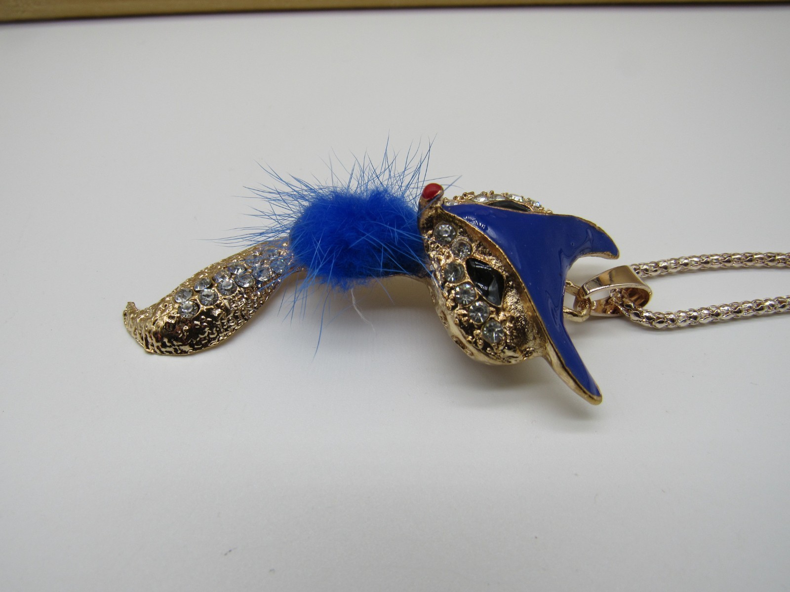 Lot of 2 vintage rhinestone faux fur fox pendant necklaces – red & blue