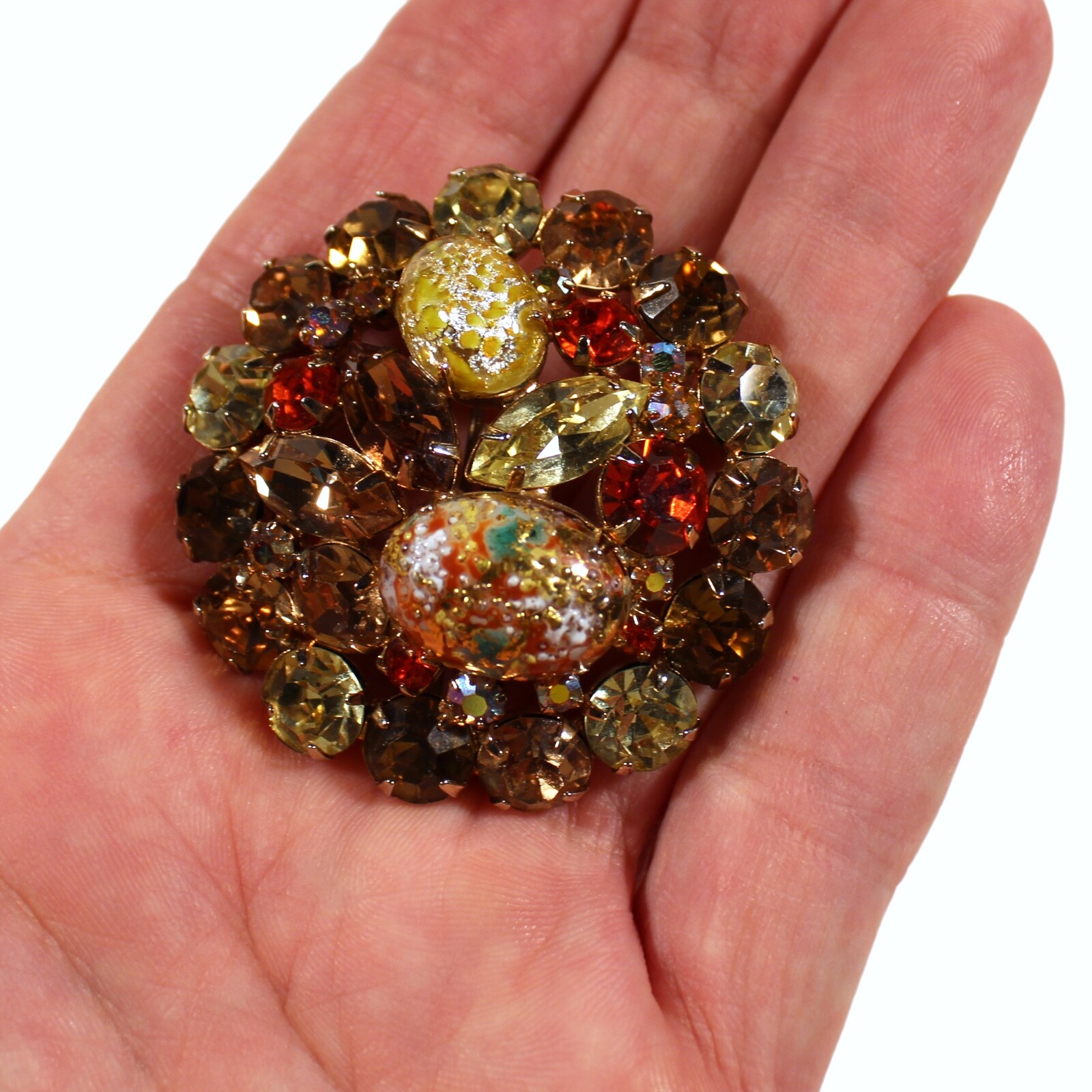 VINTAGE JULIANA DELIZZA ELSTER D&E EASTER EGG RHINESTONES BROOCH YELLOW ORANGE