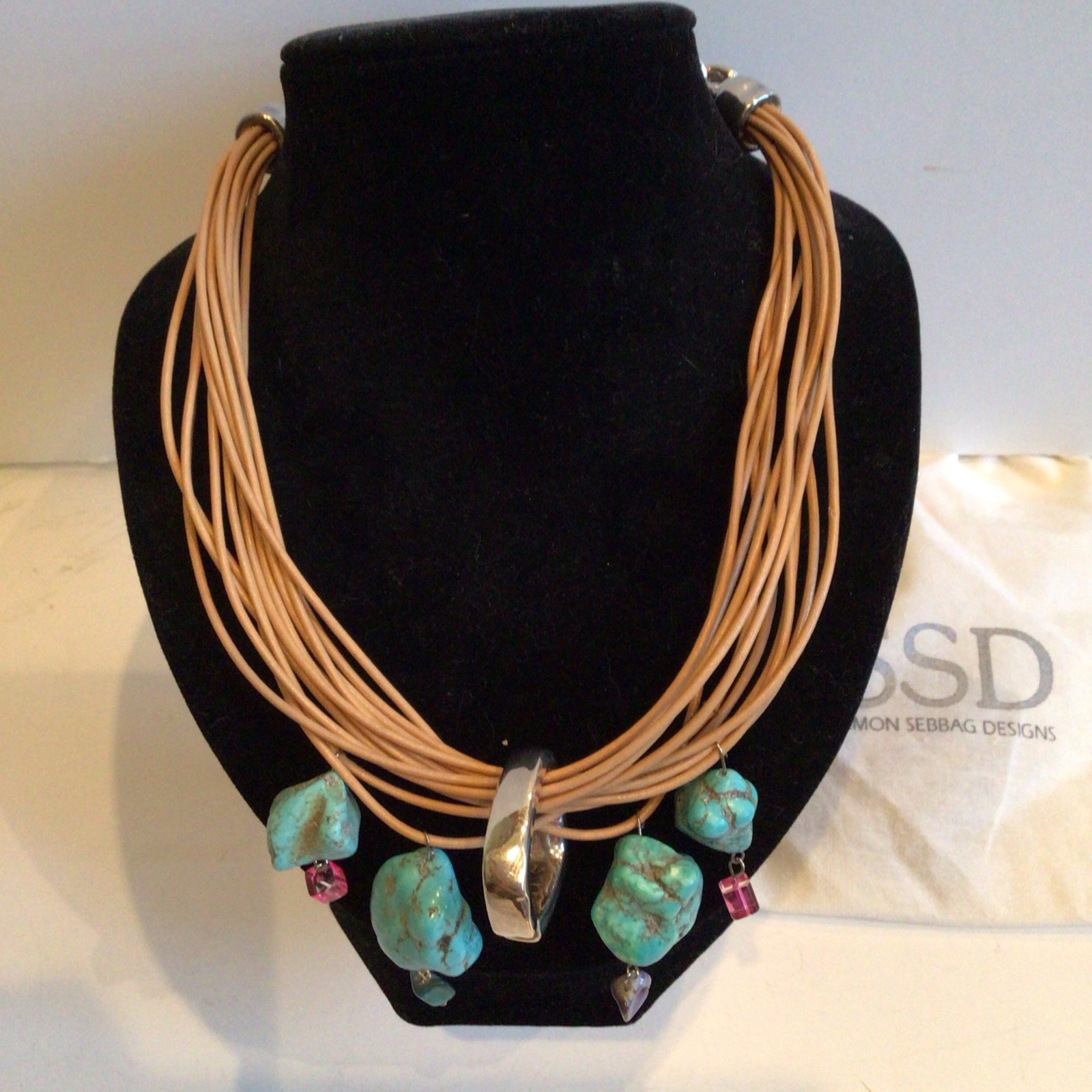 SPECIAL SEBBAG VON MUSULIN NECKLACE STERLING TURQUOISE LEATHER W PENDANT,EXTEND