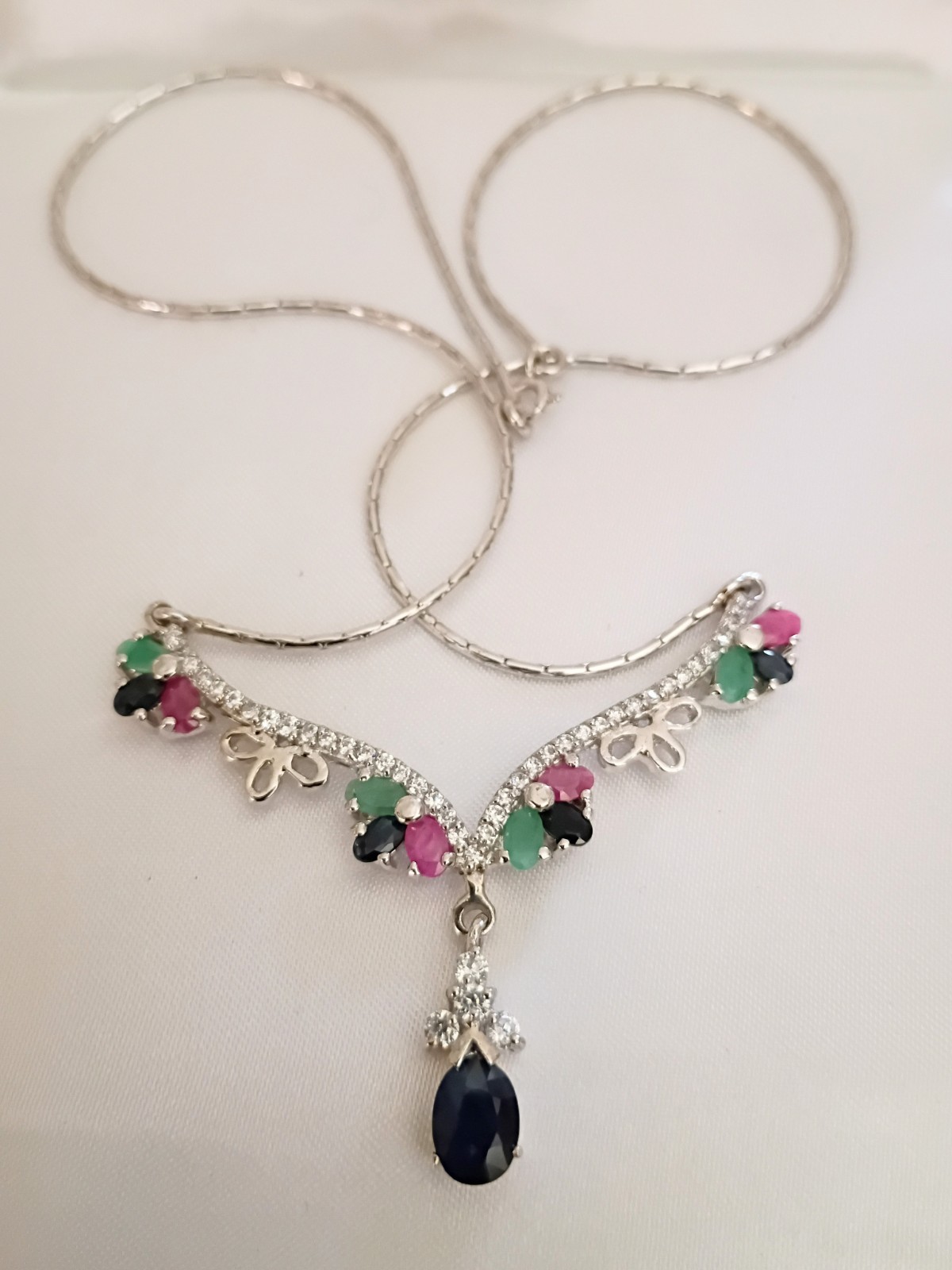 Vintage Silver 925 Sapphire Emerald Ruby Drop CZ Statement Necklace 18″