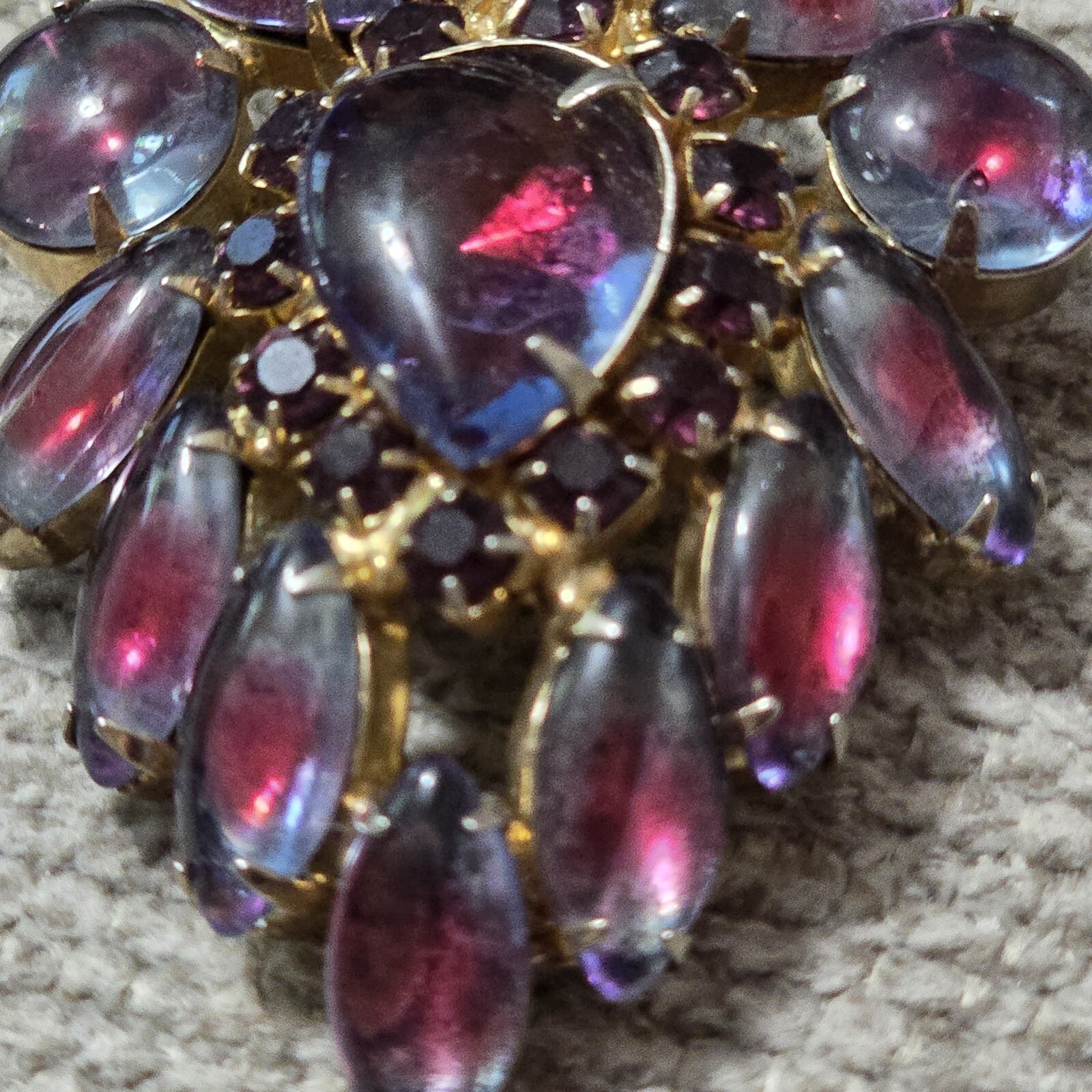 Vintage Multi Purple Pink Rhinestone Cluster Prong Gold Tome Statement Brooch