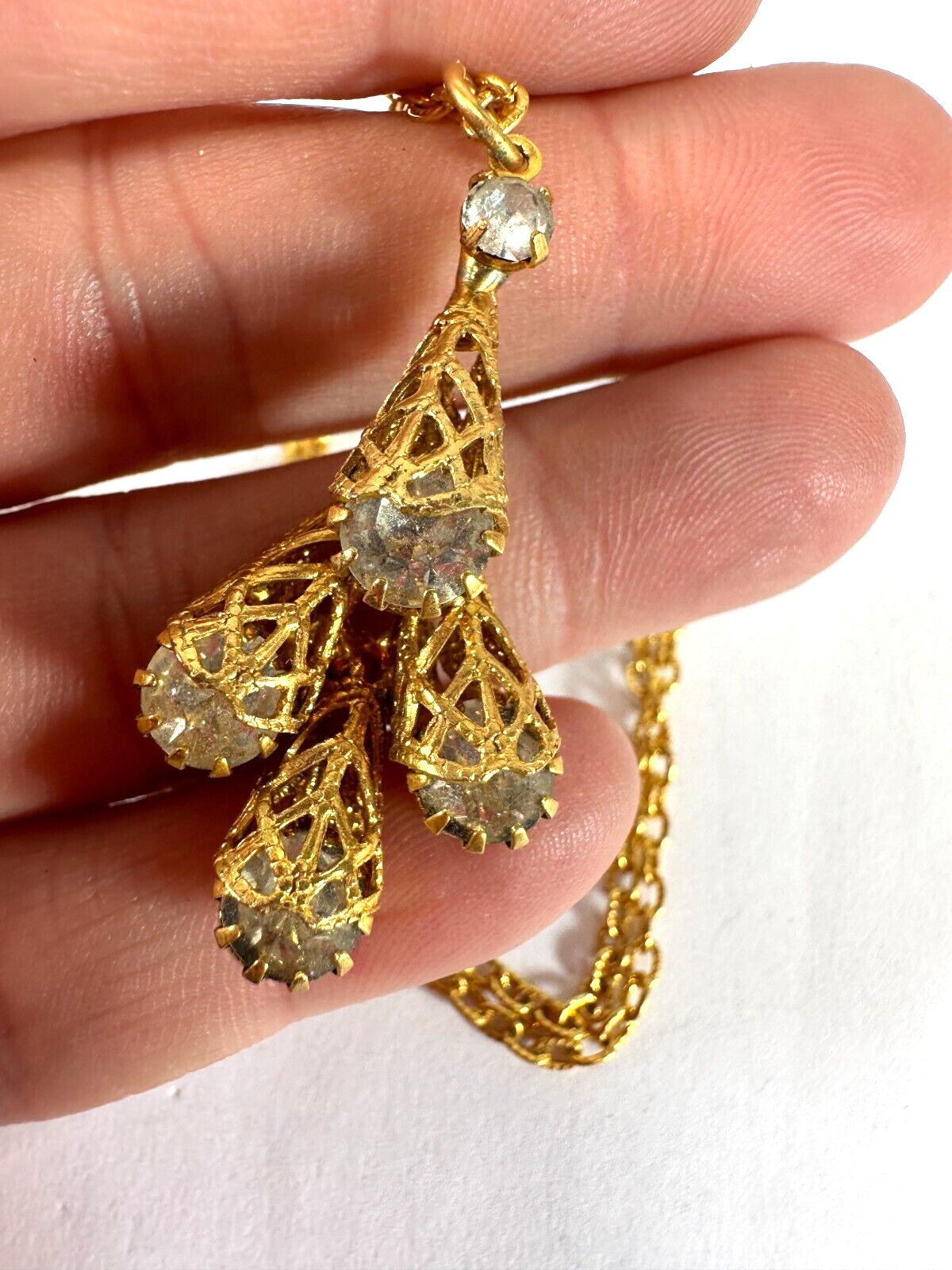 Vintage Necklace Rhinestone Pendant Filigree Cone Cap Goldtone Chain