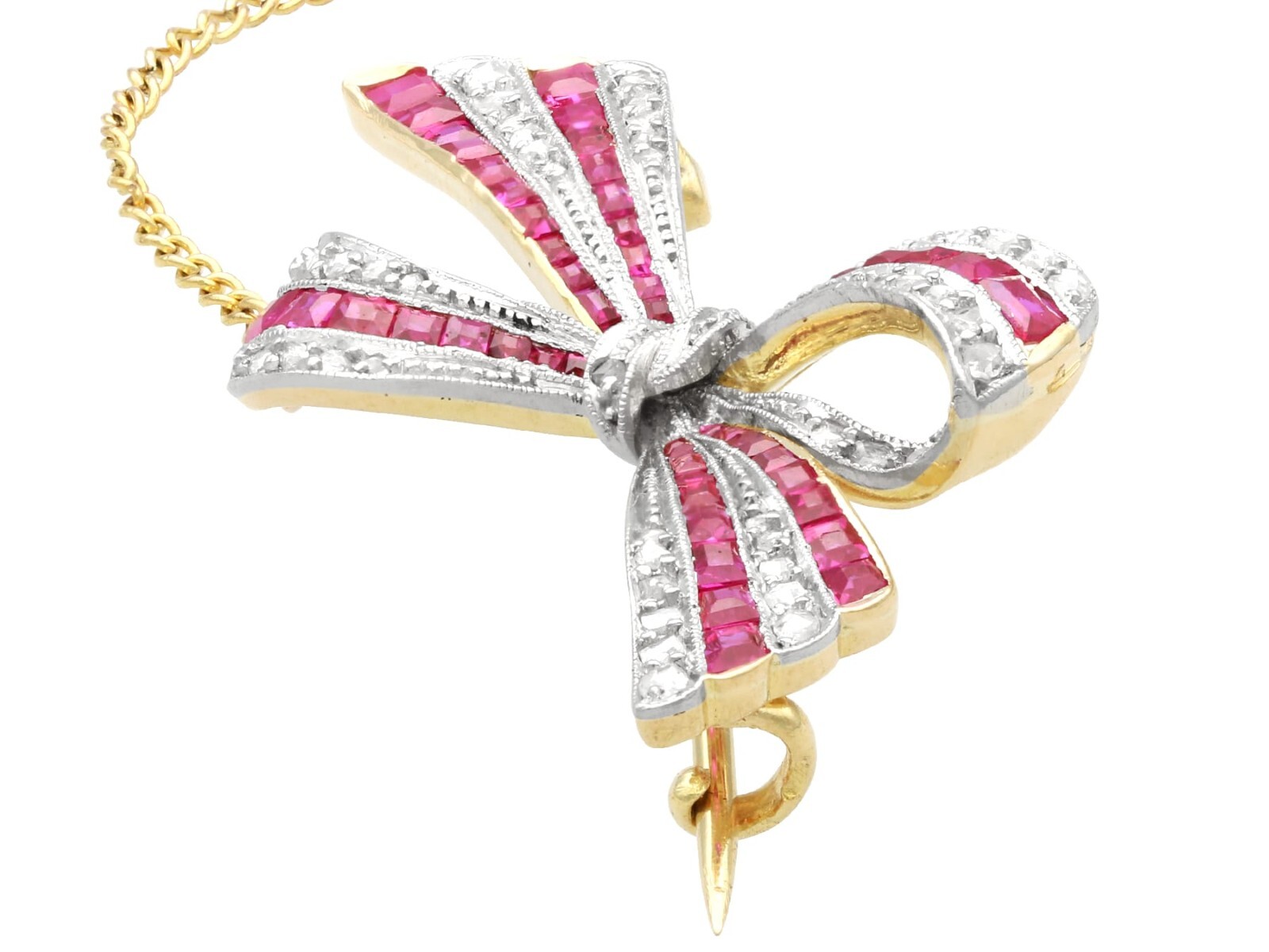Antique 0.78Ct Ruby and 0.40Ct Diamond 18k Yellow Gold Bow Brooch Circa 1910