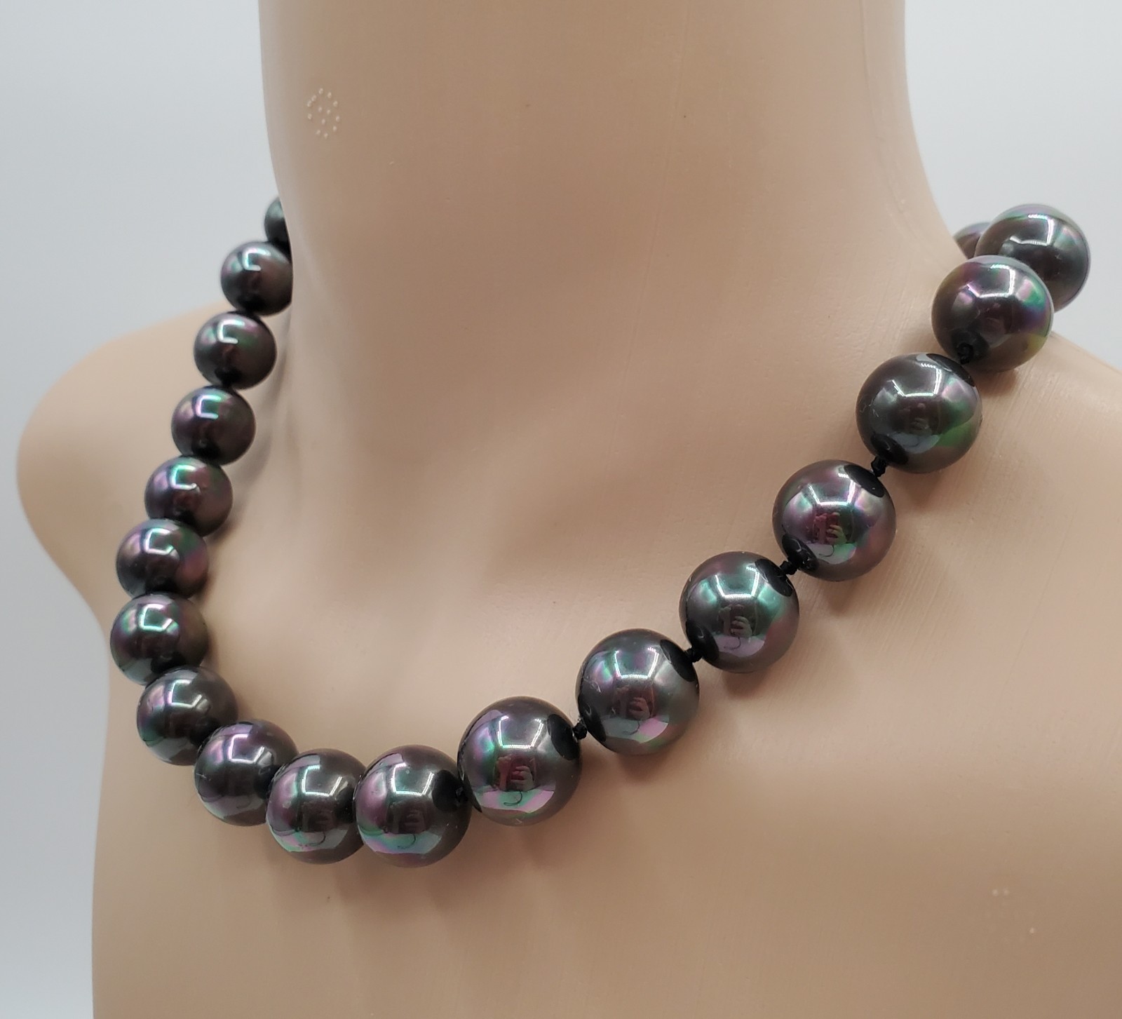 VTG 925 Vermeil Peacock Faux Pearl Necklace 12mm Gray Green Purple Hand Knotted