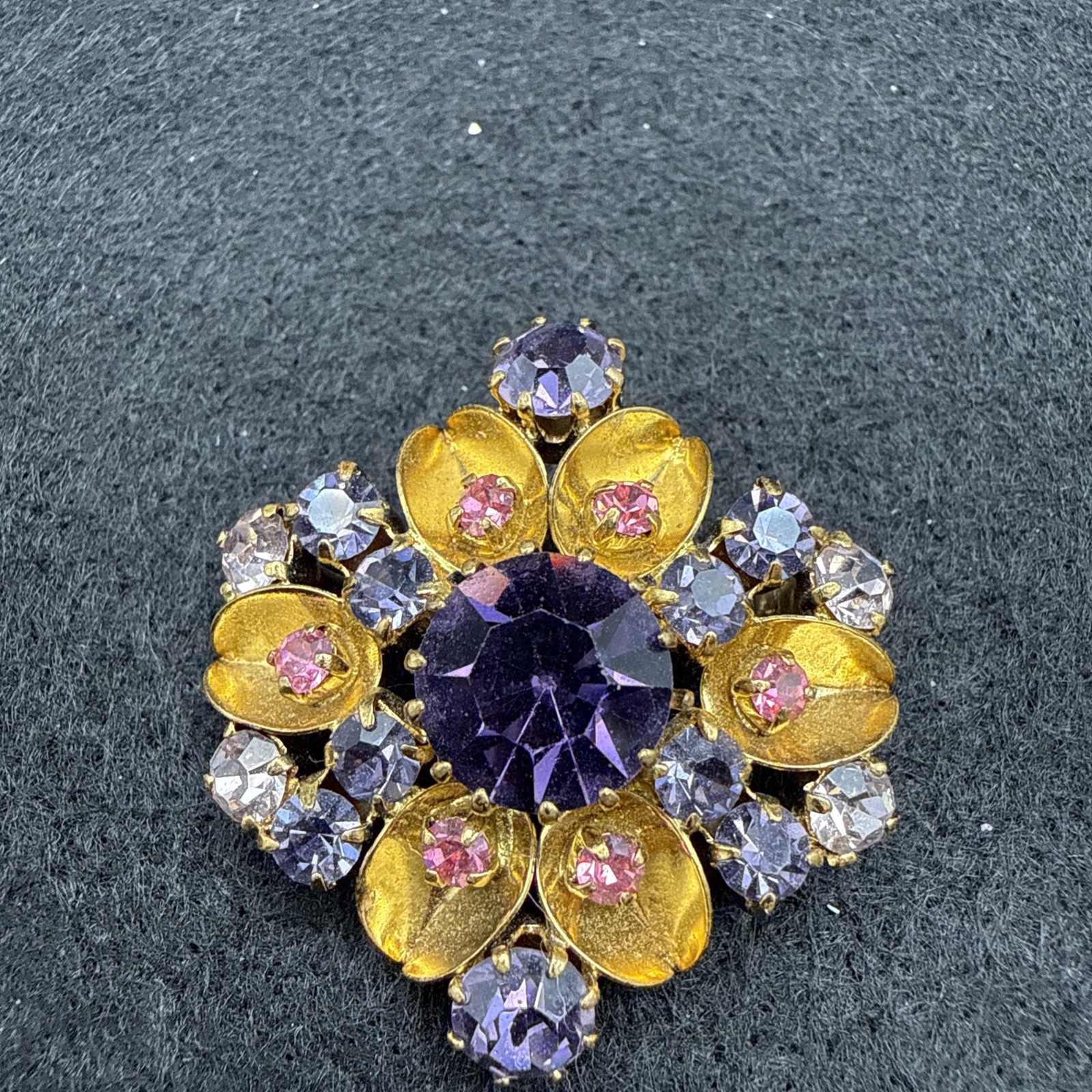 VINTAGE AUSTRIA SIGNED PURPLE AND BLUE RHINESTONE BROOCH