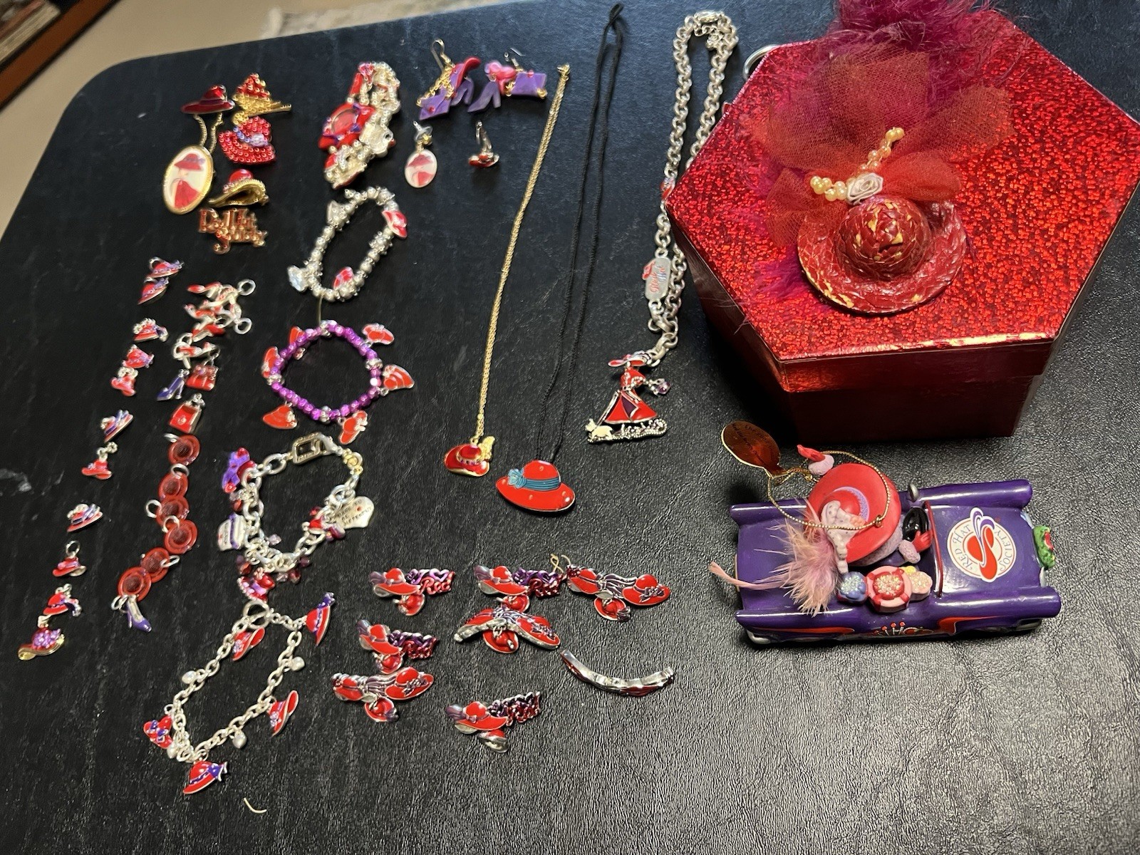 Red Hat Society Jewelry Lot Of 54 Brooches Bracelets Watch Necklaces Charms Box
