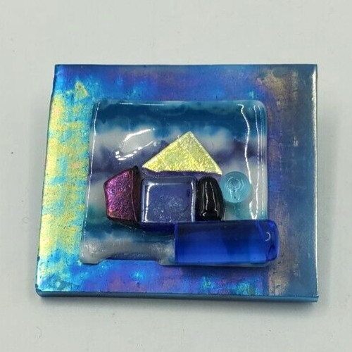 Classy Fused Glass House on Beach Pin. Blues Gold Red Brooch Blue Ocean View