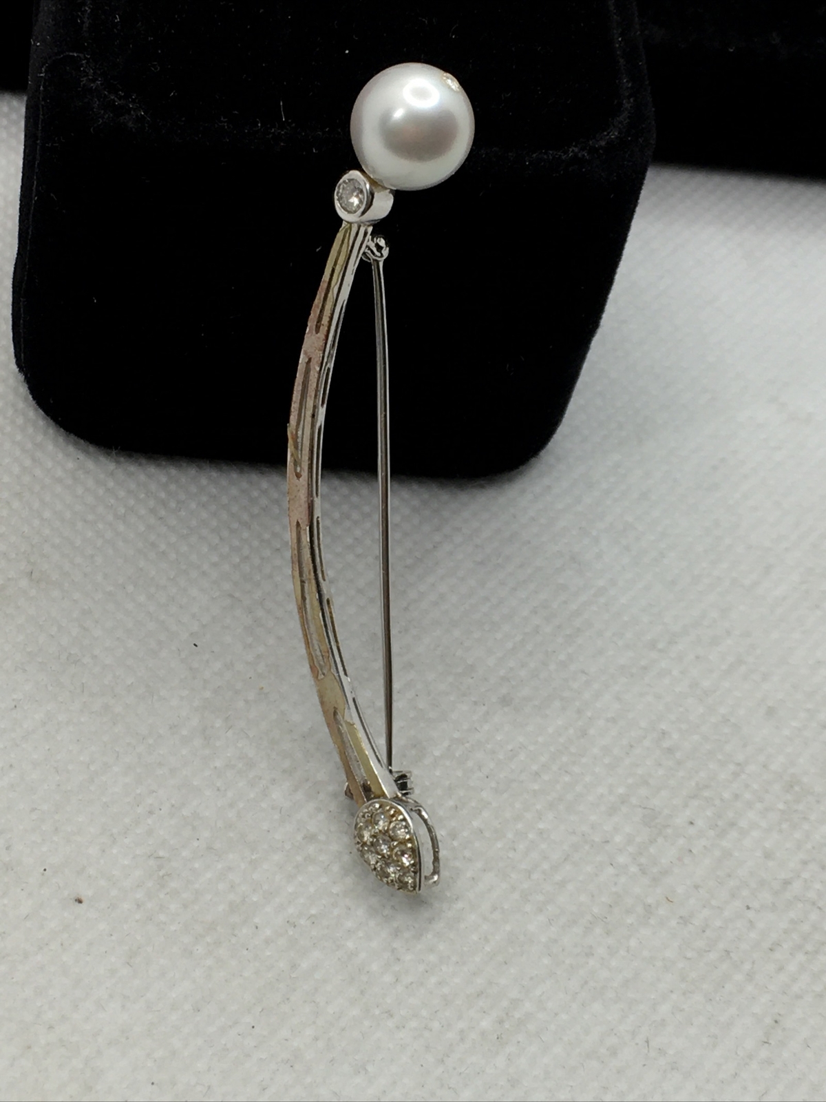 VINTAGE 18K White Gold South Sea Pearl & 0.35CTW Diamond Handmade Pin Brooch 6gr