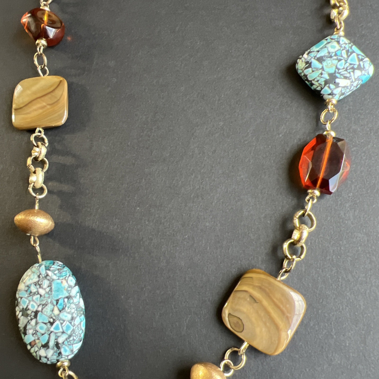 Vintage Turquoise Chip Inlay Beads Amber Mother of Pearl Abalone Bronze Necklace