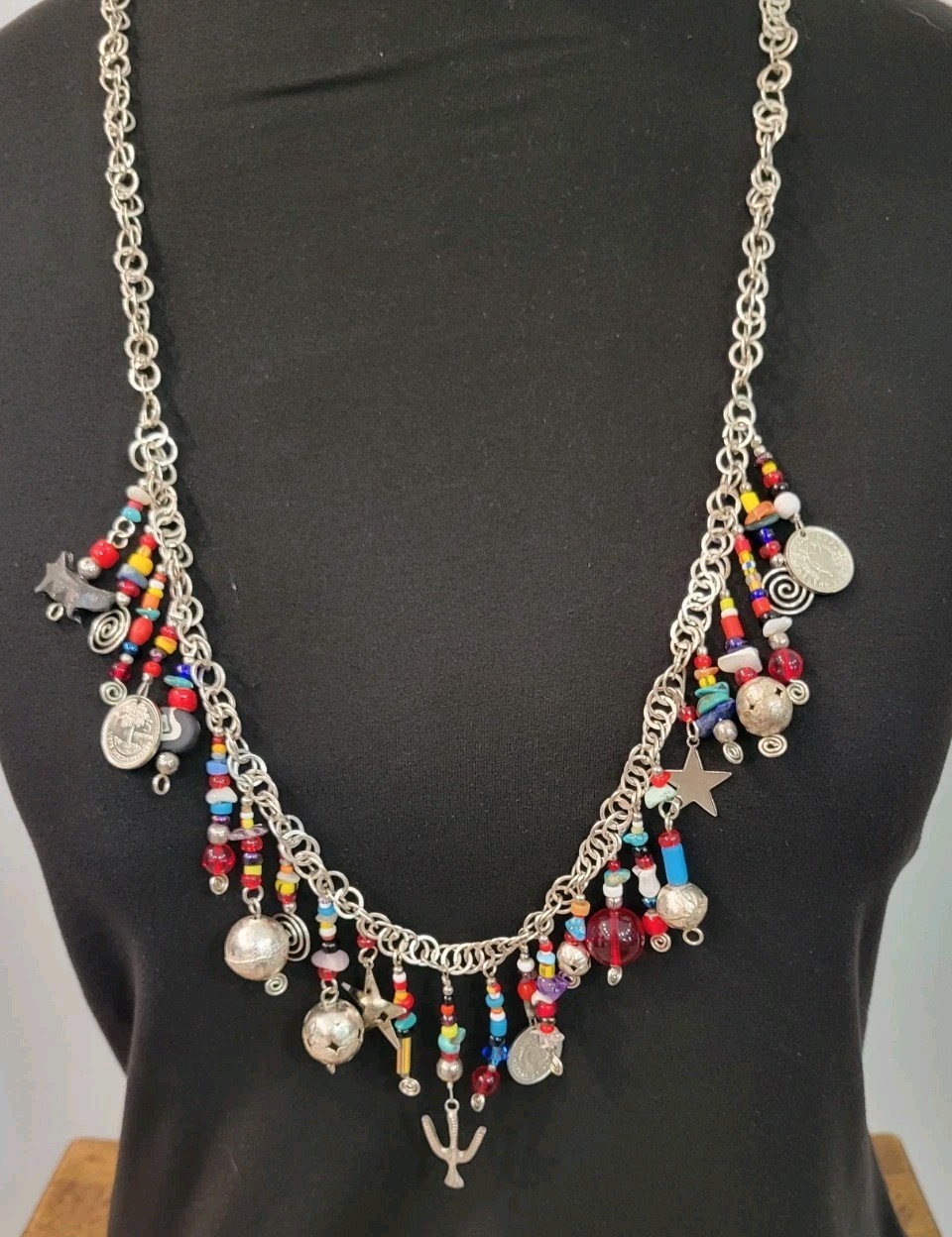 Vintage Multi-stone Tribal Guatemala Coin Charm Beaded Strand Silver Toned Boho