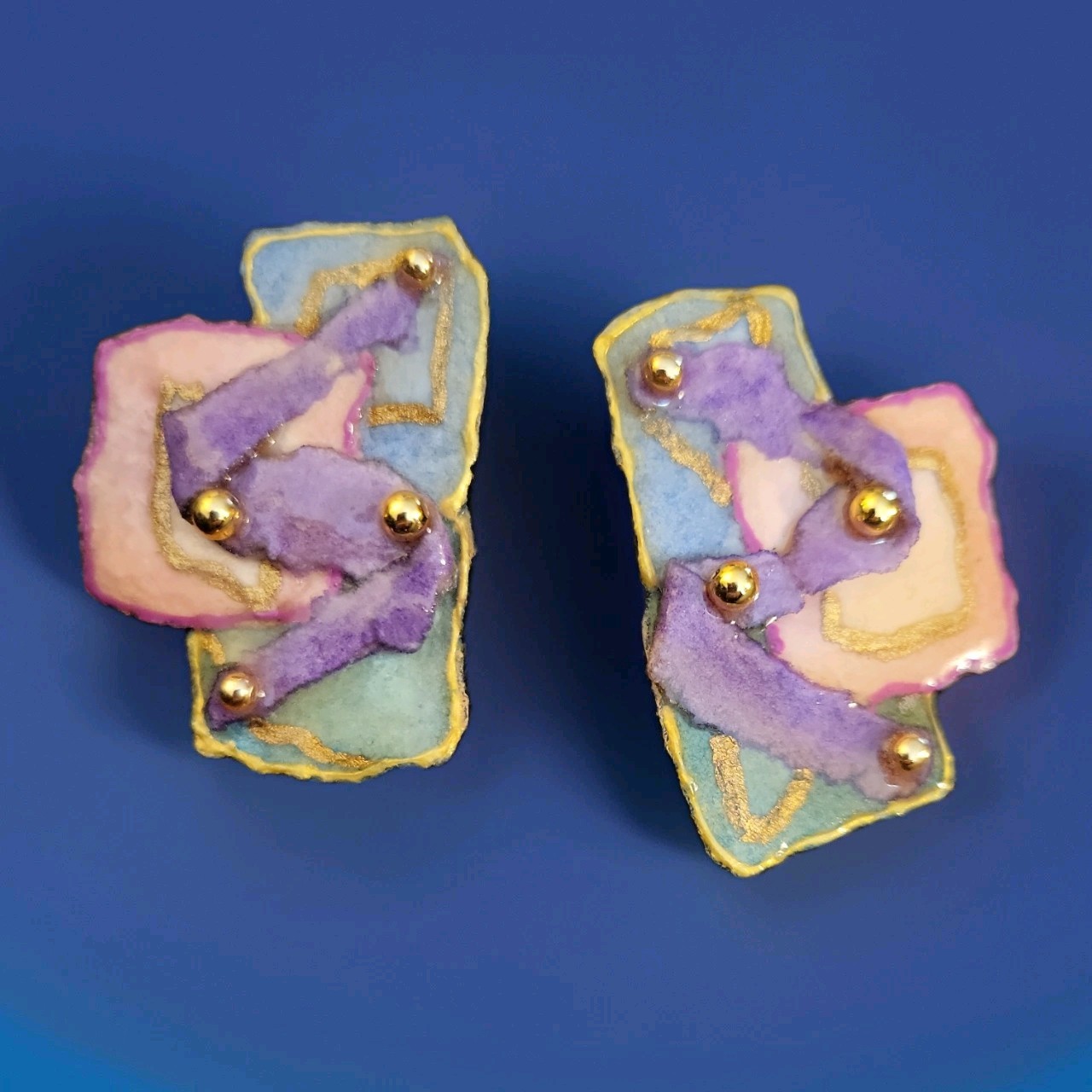 VTG 1980s Unique Artisan Handcrafted Neo-Geo Signed Pierced Earrings Lightweight