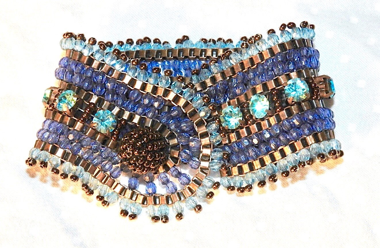 Vintage Beaded Bracelet Blue Purple and Copper Wrap