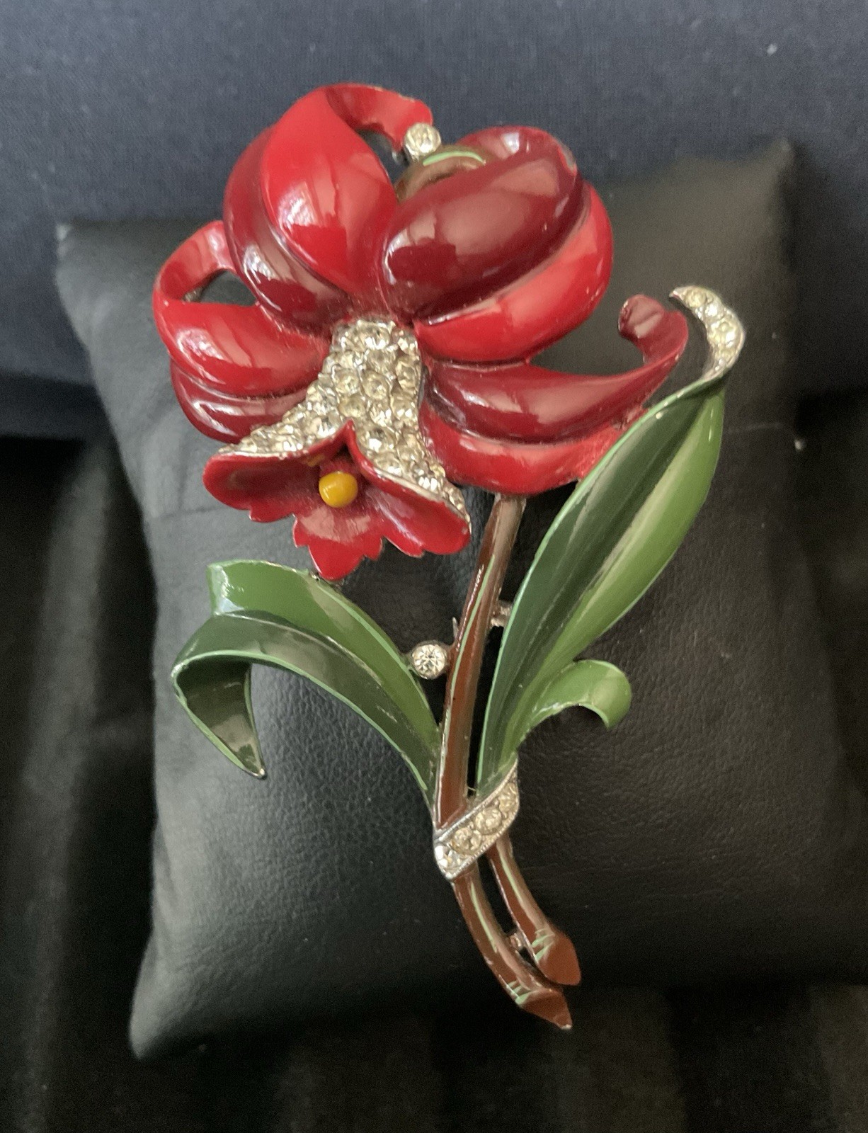 Trifari ‘Alfred Philippe’ Pave and Enamel Red Daffodil Flower Pin Fur Clip