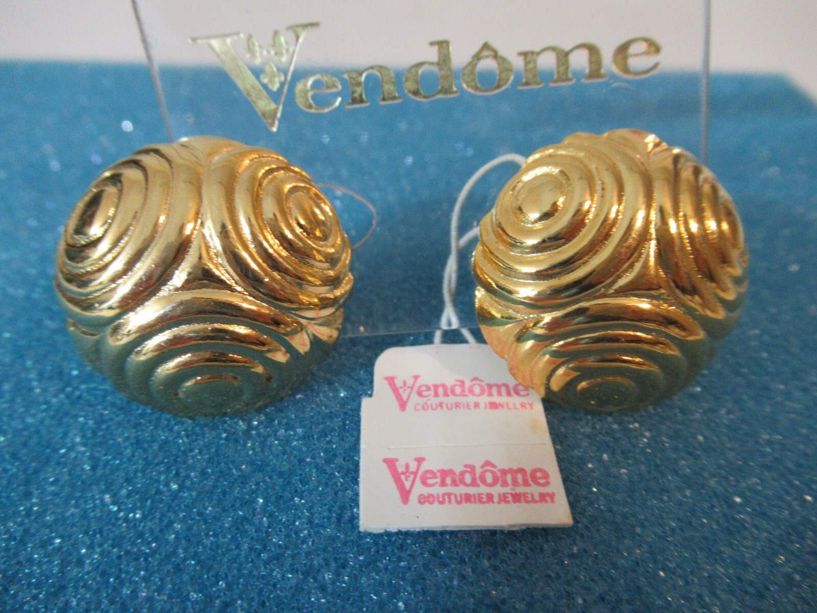 Vintage Vendome Gold Tone Round Spiral Earrings Signed Adjustable Clip on NOS
