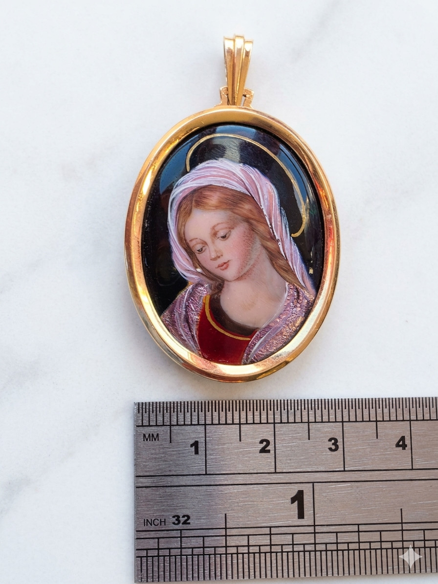 Fine Antique Art Nouvea 18K 18CT Gold Enamel Virgen Mary Medal Pendant Ca 1900