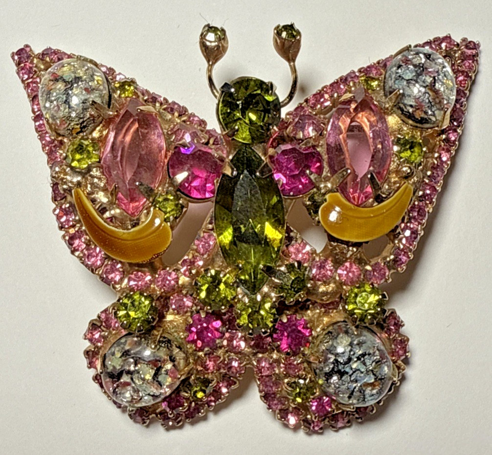 Vintage Pink and Green Rhinestone Brooch Butterfly Unique! J-1Q