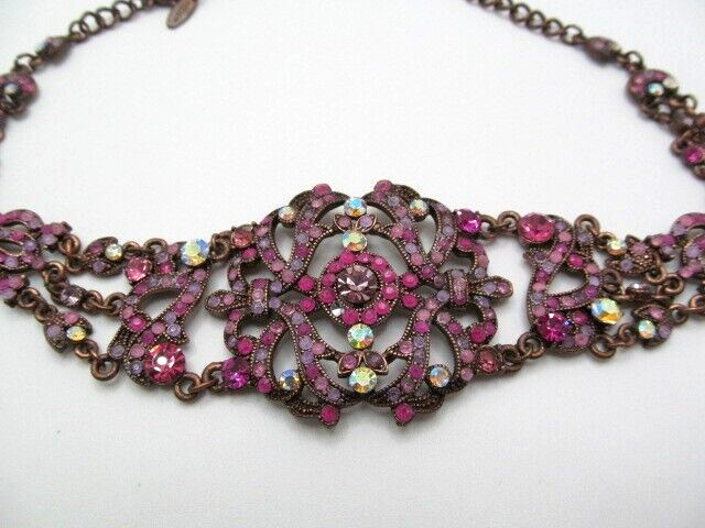 Vintage VCLM Stunning Sparkling Pink Magenta Crystal Crest Link Choker Necklace