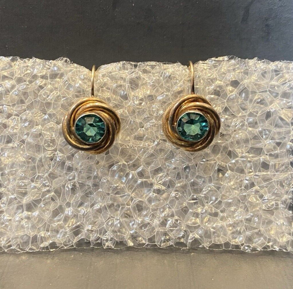 VTG AMCO Gold Filled 1-20 Sterling Silver Knot Earrings Green Glass Screw Back