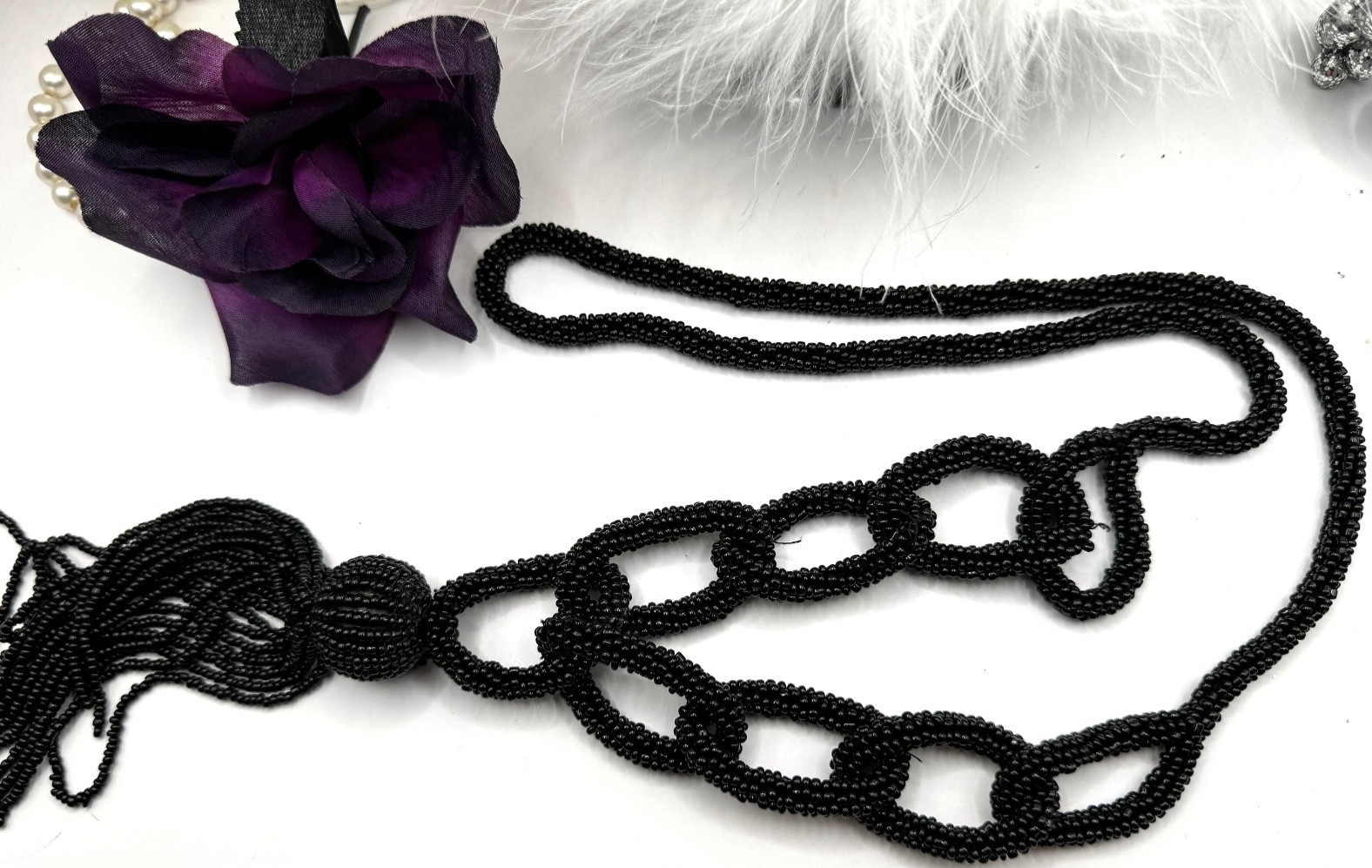 Designer Black Micro-Beaded Statement Necklace Multi-Looped Rare High End