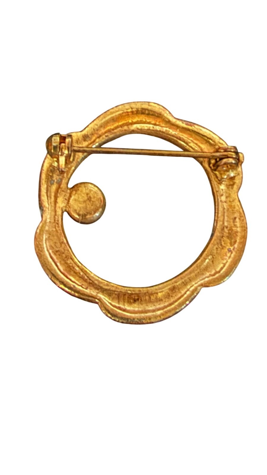 Vintage Bright Gold-Tone Wreath Circle Brooch Red Gem Accent
