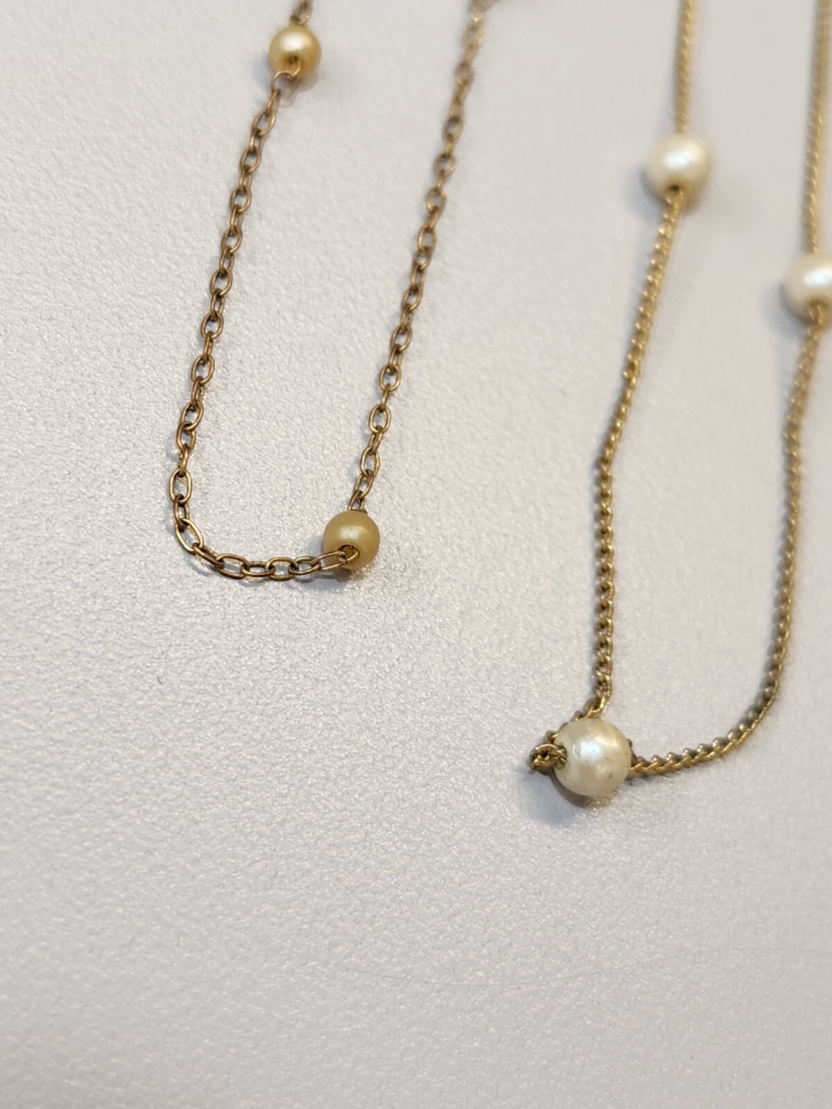 Lot of 2 Vintage Faux-Pearl Necklace Gold Tone Chain Spring Ring