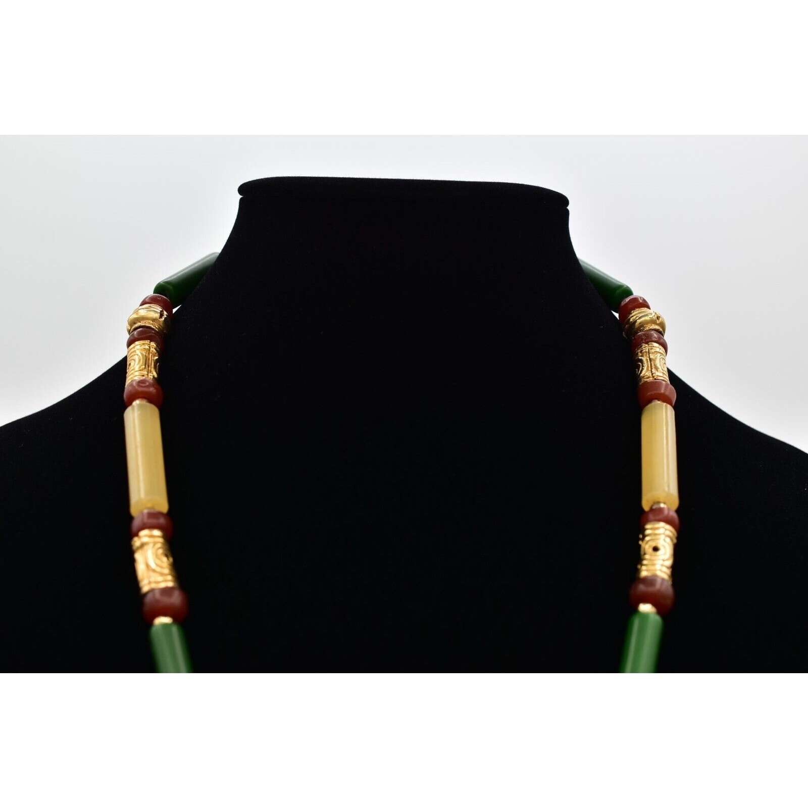 Vintage Beaded Necklace Brushed Gold Green Red Clay Tribal Chunky 1970s BinBN