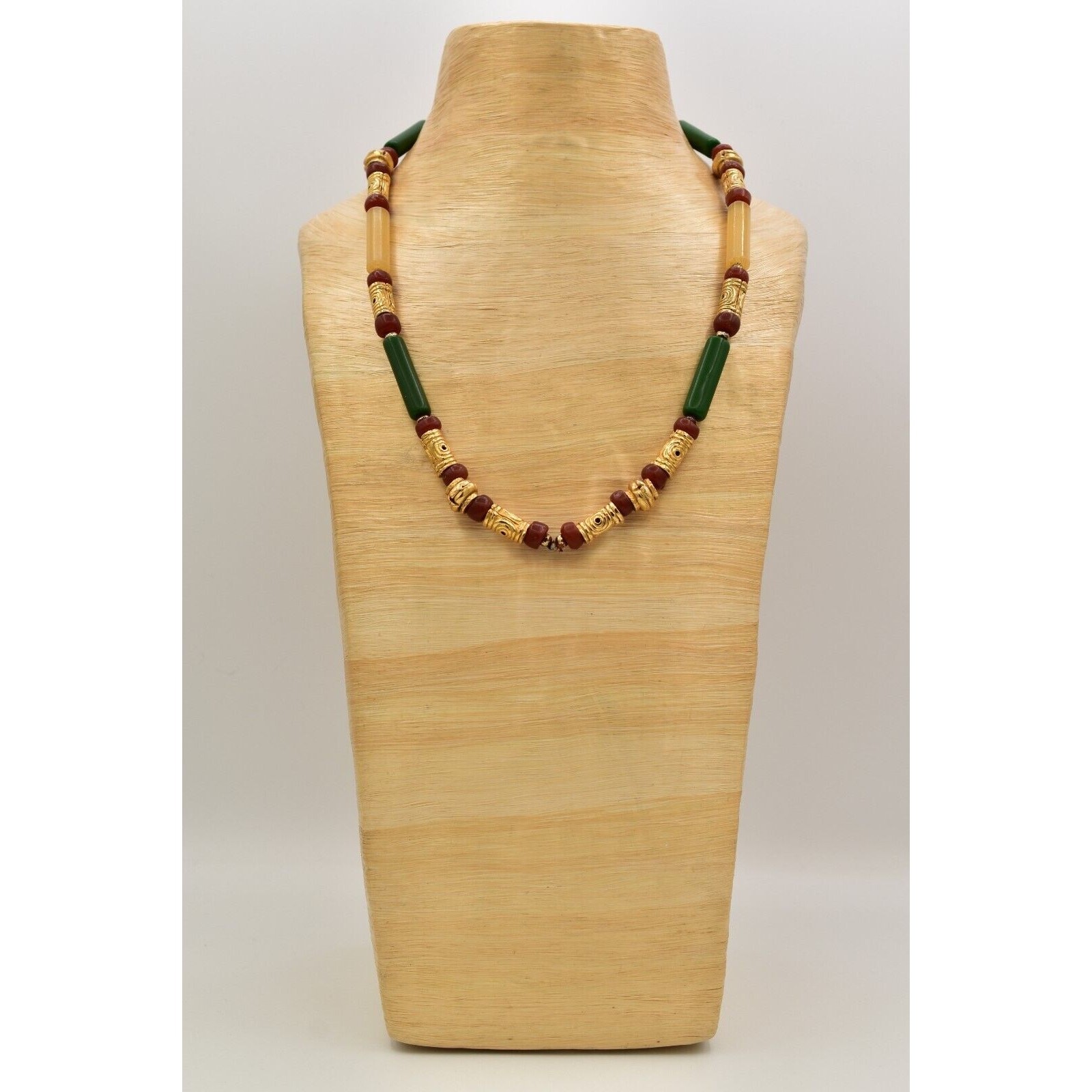 Vintage Beaded Necklace Brushed Gold Green Red Clay Tribal Chunky 1970s BinBN