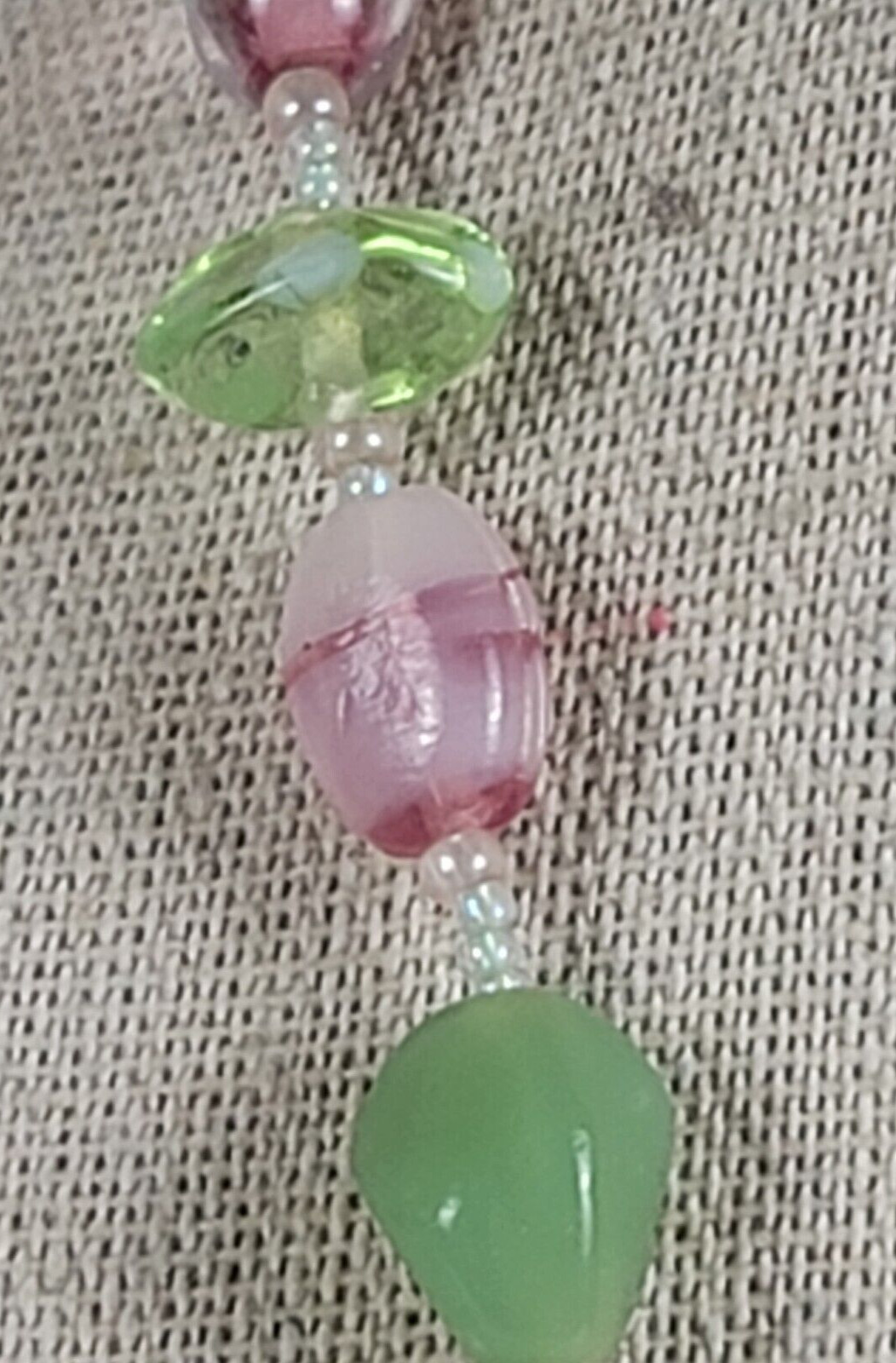 Vintage Pastel Pink And Green Glass Wire Beaded Necklace And Earrings Set 17″