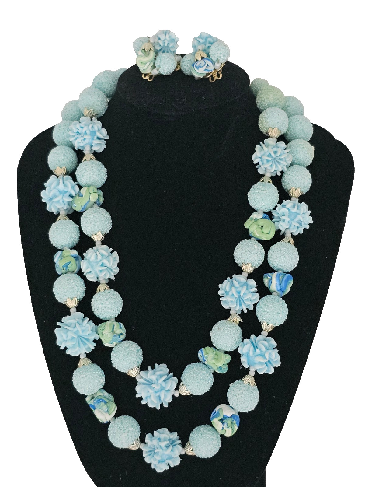 DOUBLE SRAND JAPAN BLUE GREEN SUGAR TEXTURE FLOWER BEAD NECKLACE / CLIP EARRINGS