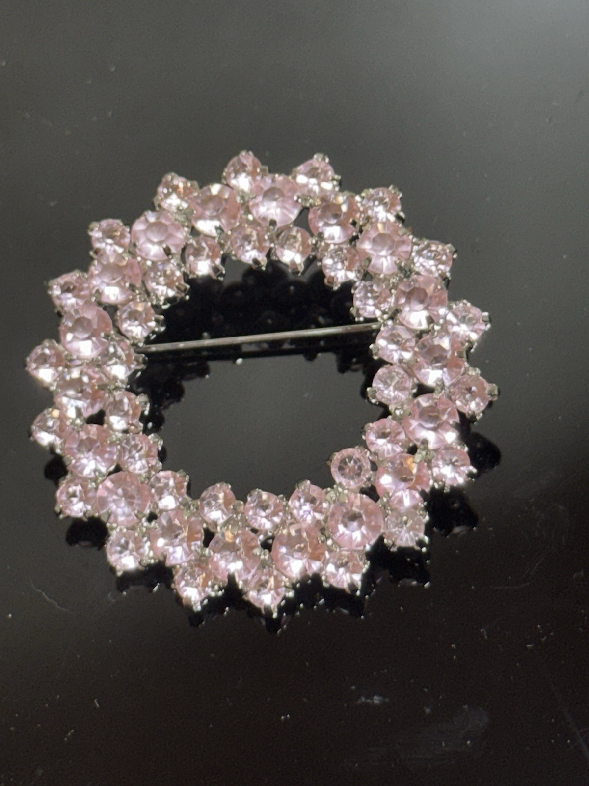 Vtg Crystal Rhinestone Brooch Wreath Pink Glass Round Cluster Prong Set