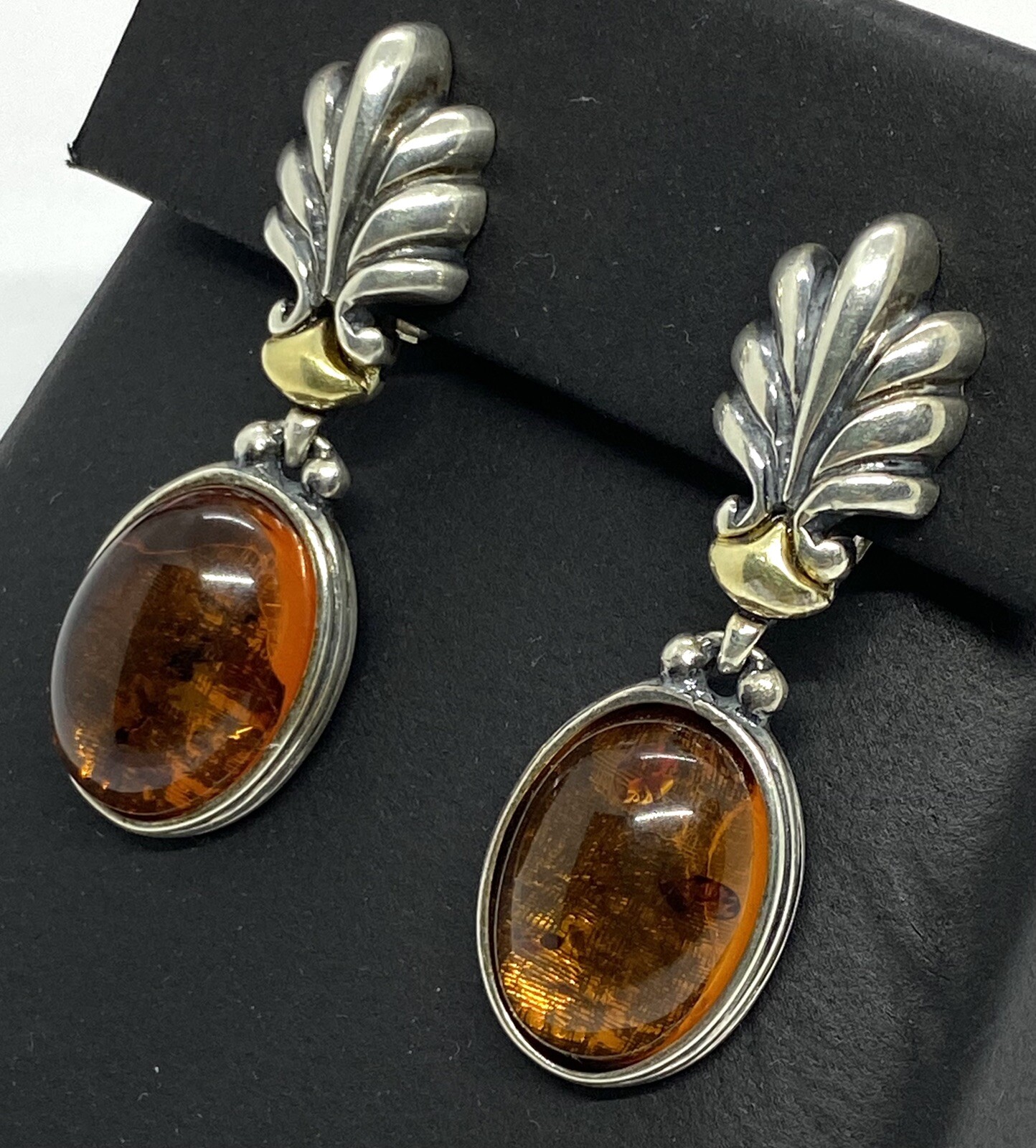 Vintage Italy Signed M Sterling Silver Amber Clip On Earrings 14.03g
