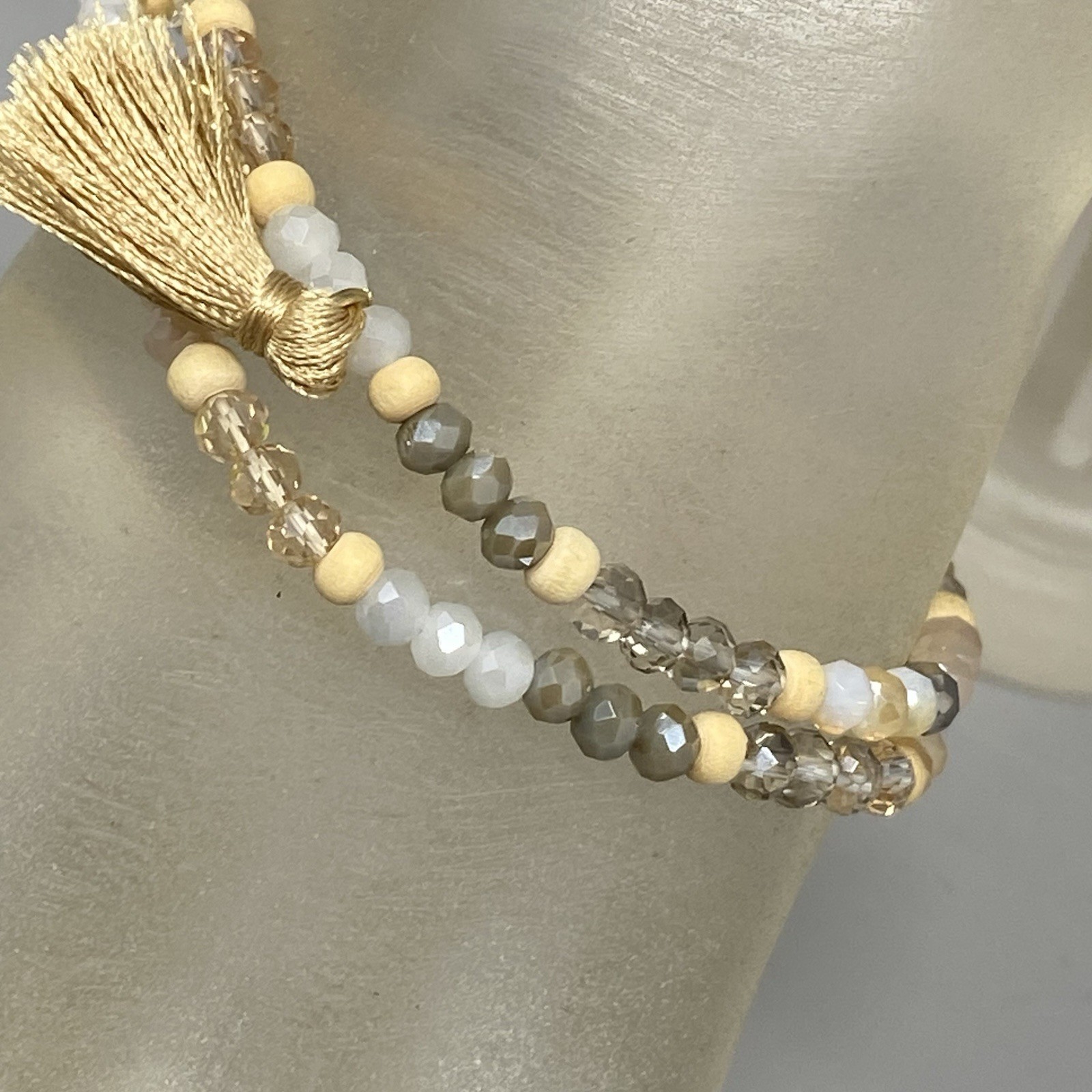 Glass Beaded Bracelet Set of 2 Cream Gray Fire Polished Faceted Tassel Stretch