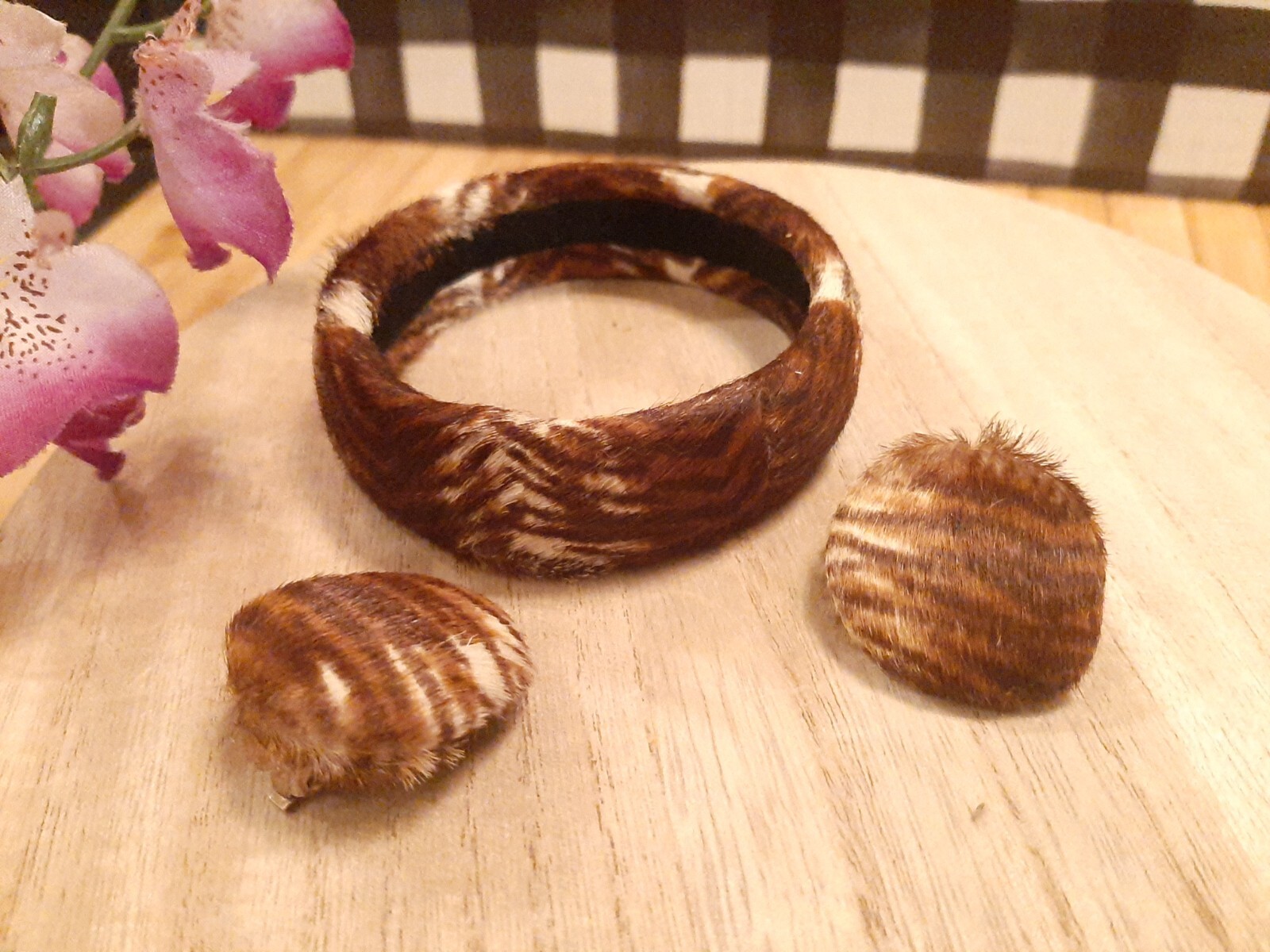 Vintage Faux Fur Animal Print Earrings & Bracelet Set ~ Brown & White Stripes