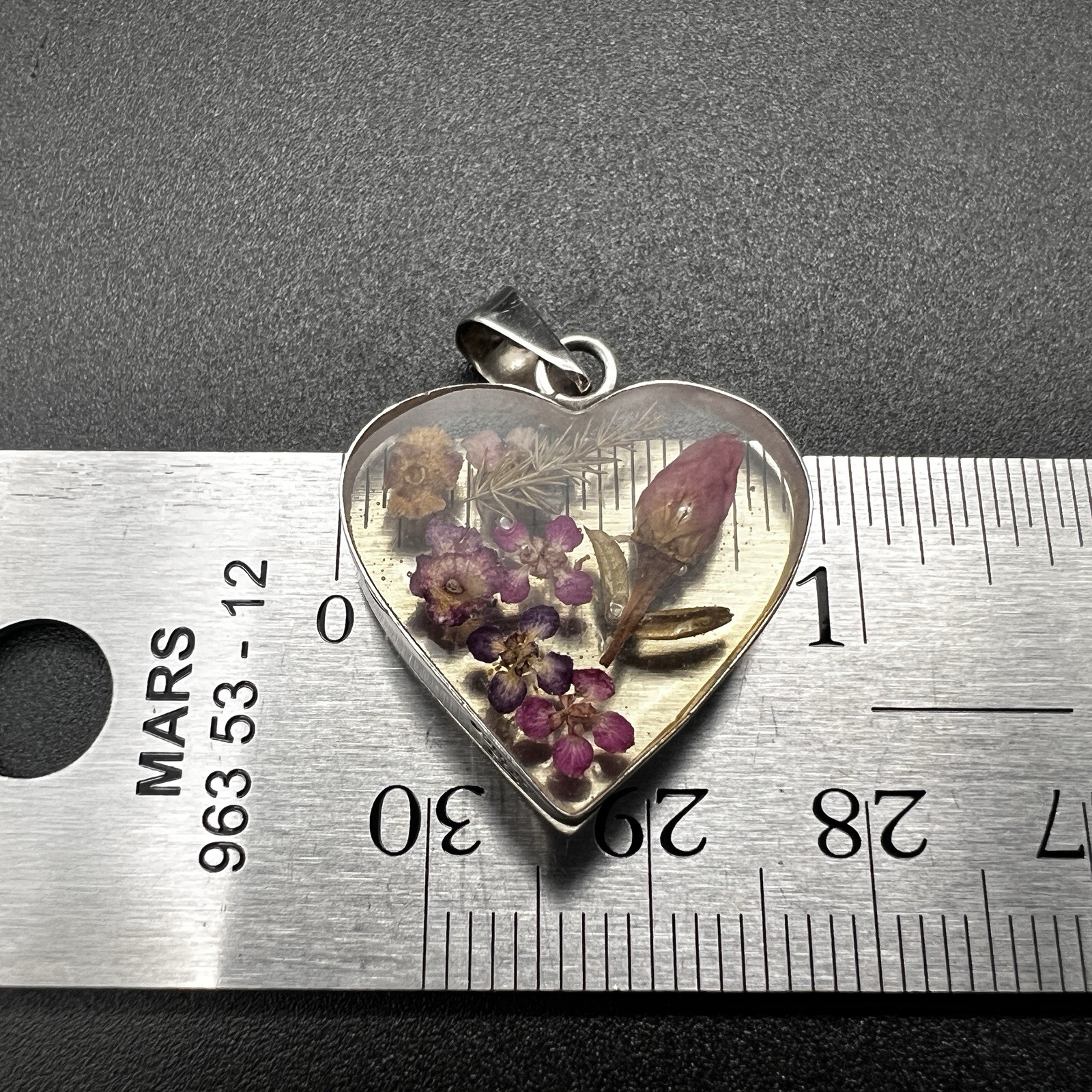 Vintage ATI Mexico Sterling Silver Dried Flowers In Resin Heart Pendant Signed
