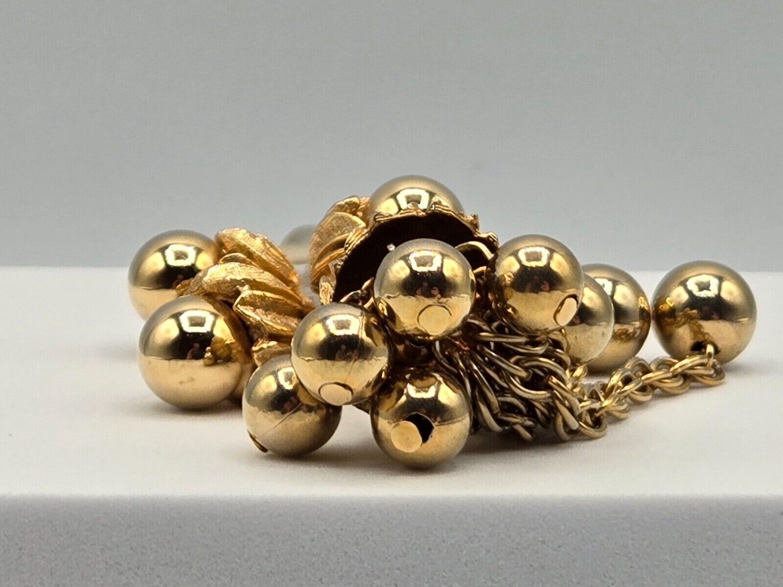 Flower Stem Brooch Gold Tone W/ Chain Tassels & Beads Unsigned Large 3D